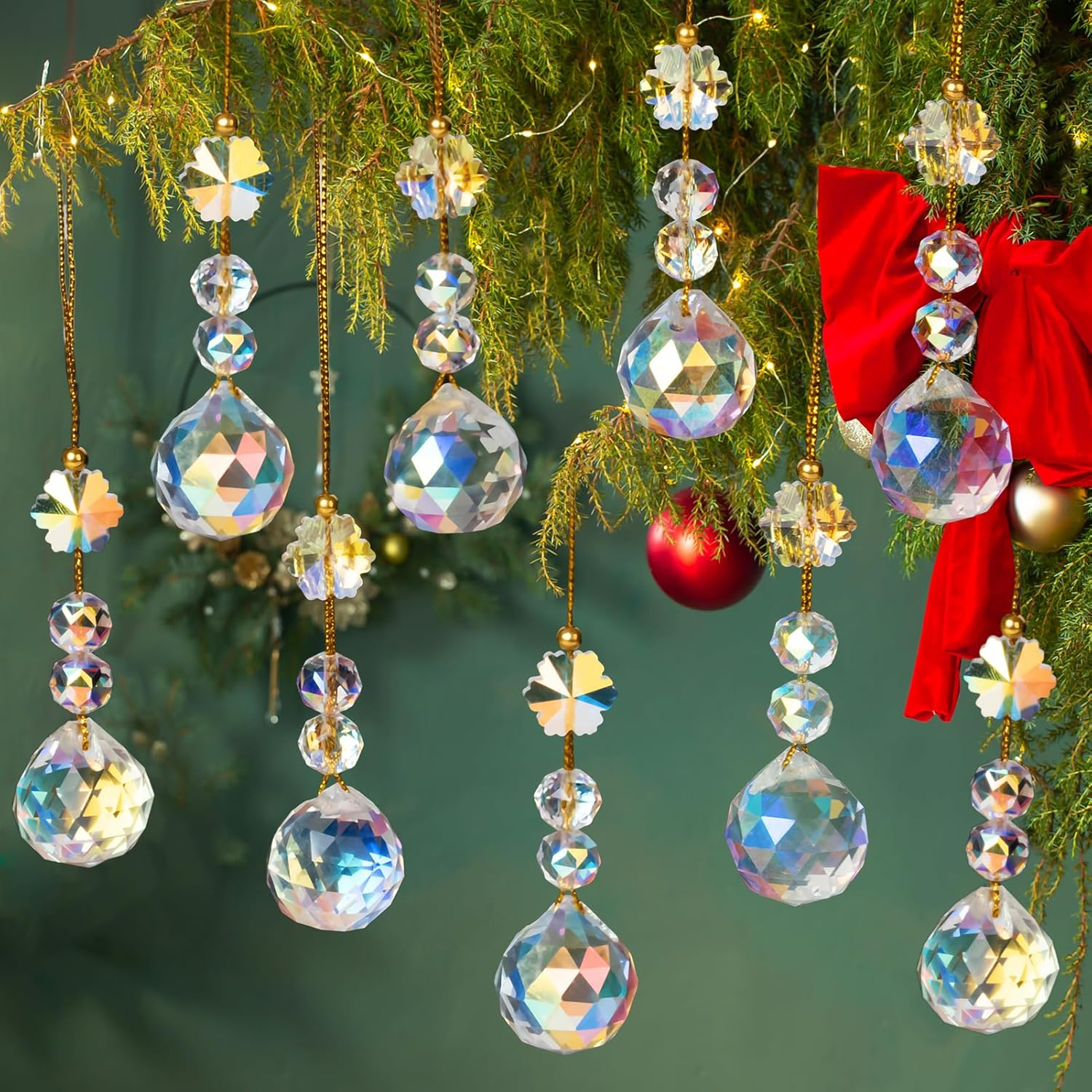 18Pcs Crystal Christmas Ornaments for Christmas Tree Decorations-Champagne Hanging Acrylic Snowflake and Icicle Ornaments with Drop Pendants for New Year Party Decorations Supplies