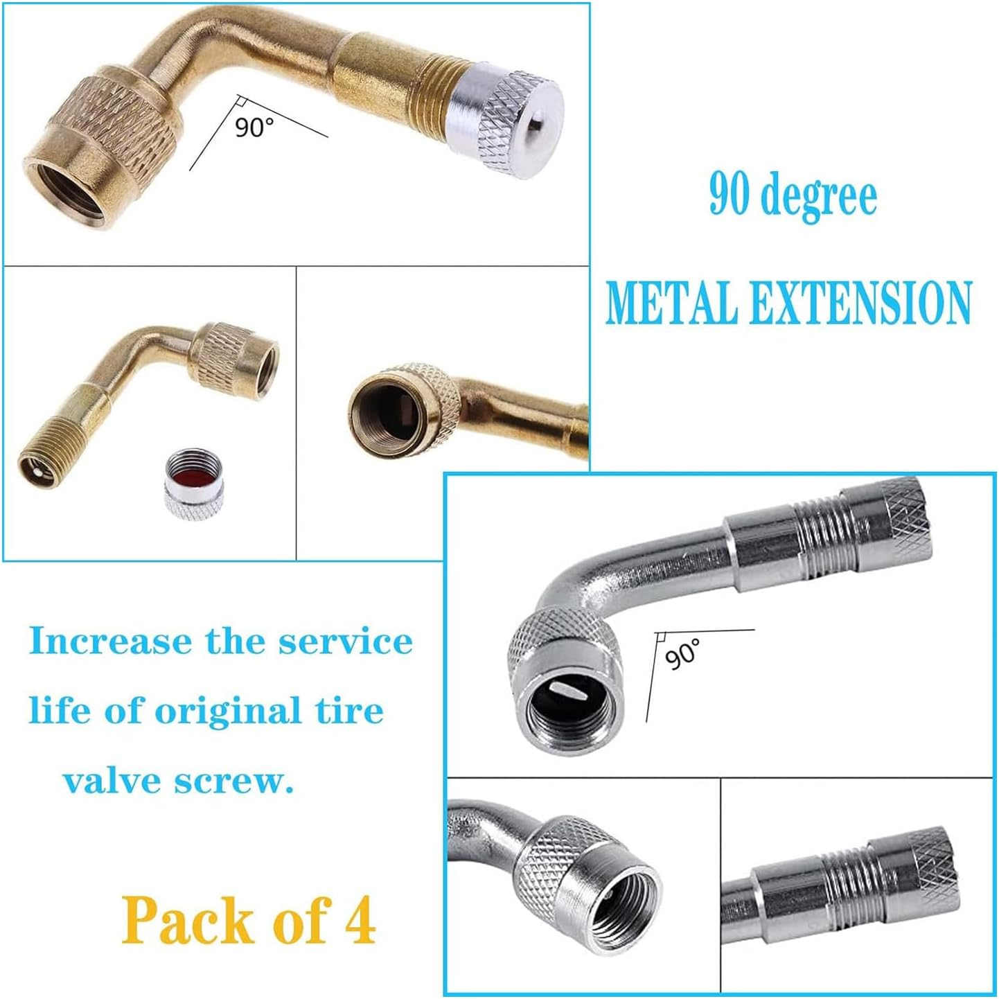 YUENTOEN 4 Pieces Tire Valve Extension, 90 Degree Valve Extender, Universal Brass Curved Tire Air Valve Stem Extension with Valve Cap for Car, Motorcycle, Truck and Bicycle image number 5