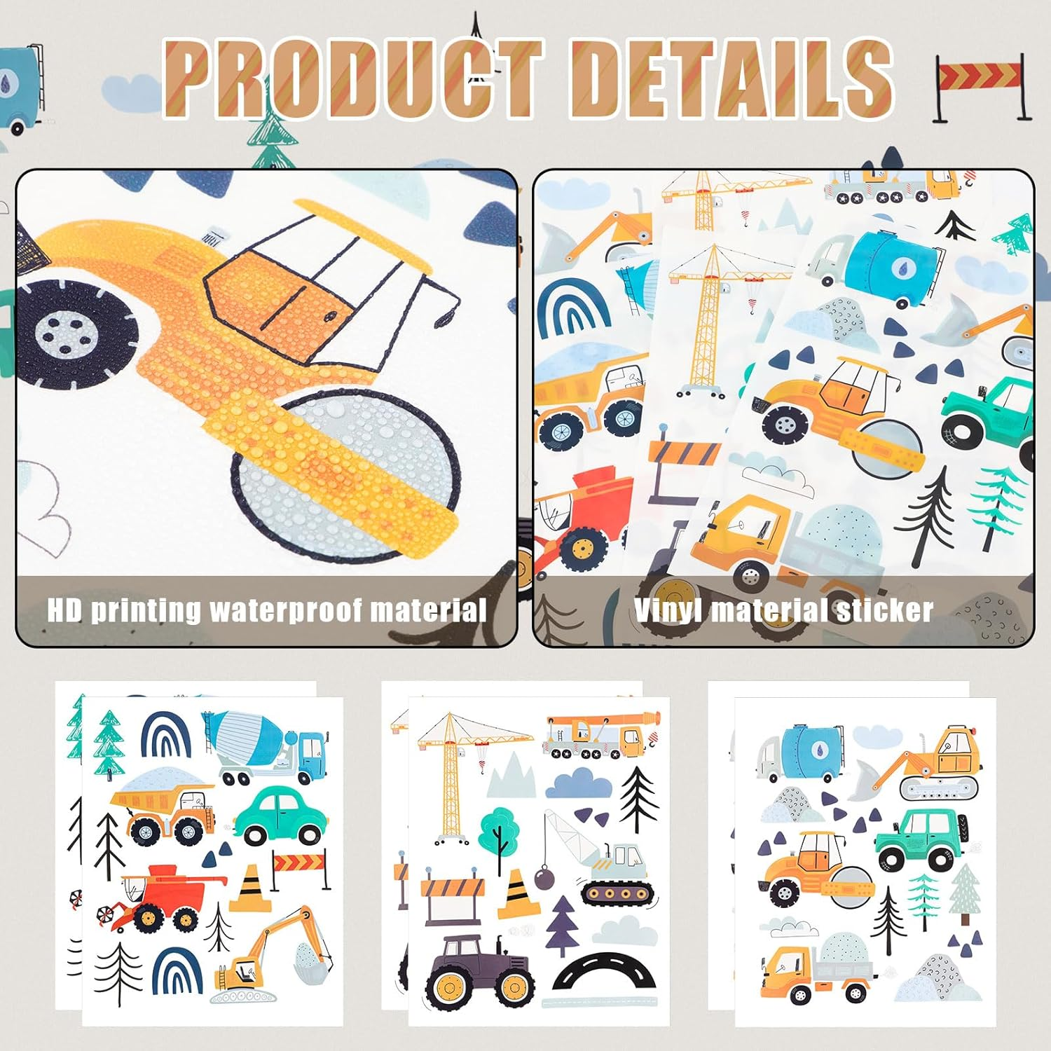 6 Pcs Construction Vehicles Wall Stickers, Transportation Wall Stickers Bohemian Wall Decorations Peel and Stick Wall Decoration for Boys Bedroom Kids Room Playroom Decoration image number 1