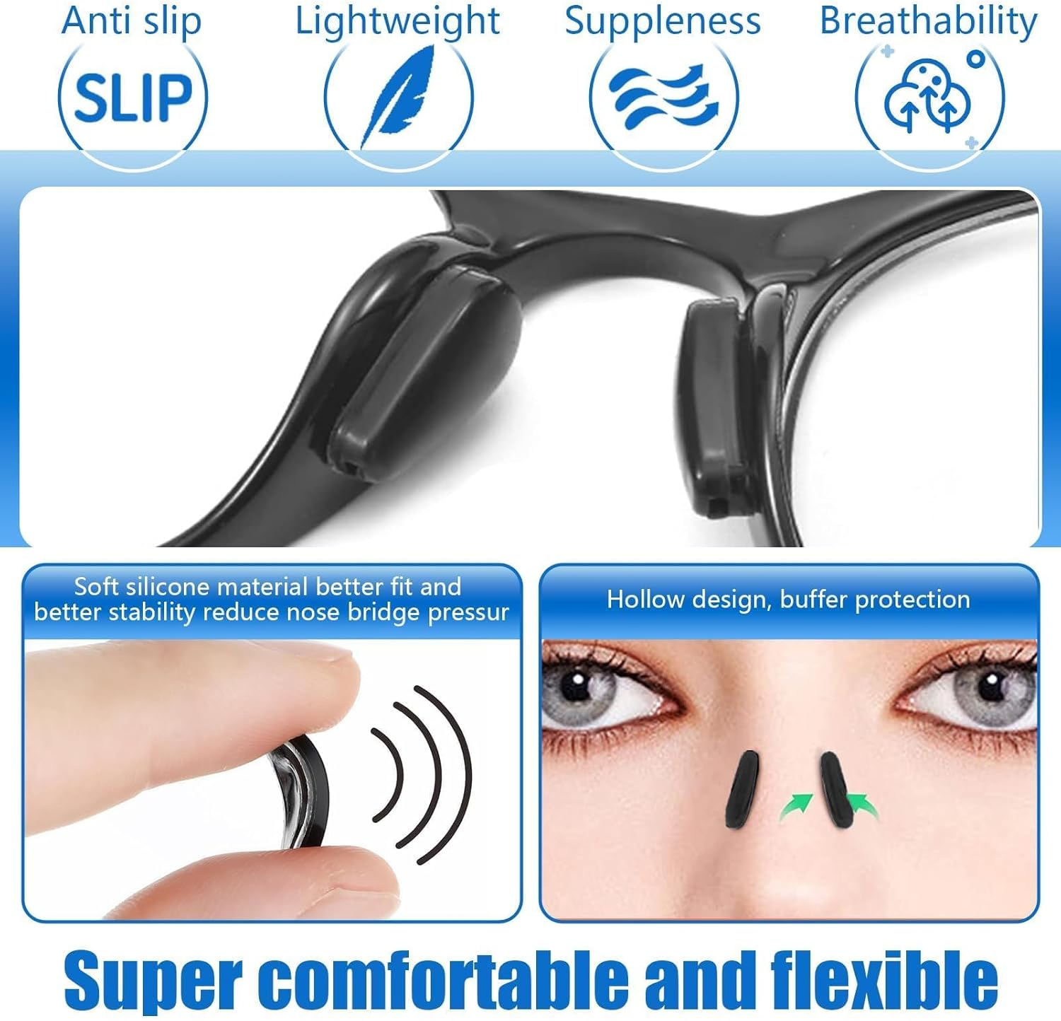 Eyeglass Nose Pads, 10 Pairs Self-Adhesive anti Slip Glasses Nose Pads, Soft Silicone Air Chamber Nose Pads for Replace Nose Pads and Repair Glasses (10 Pairs,Black) image number 6