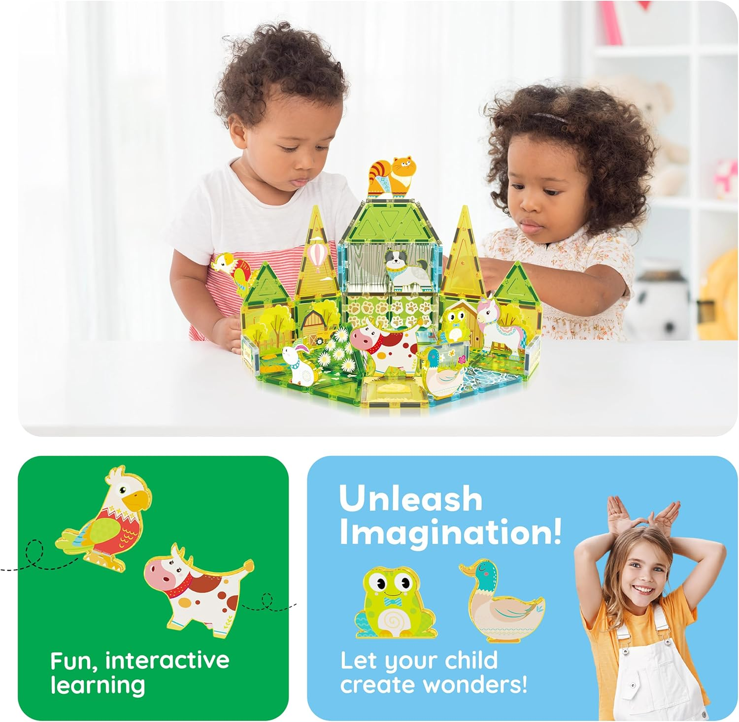 Picassotiles 26Pcs Magnetic Tiles Magnet Tile Building Blocks Printed Fall Farm Themed Animal Toy Set with 8 Farmyard Animals Character Action Figures STEM Learning Playset for Kids, Ages 3+ PTQ27 image number 3