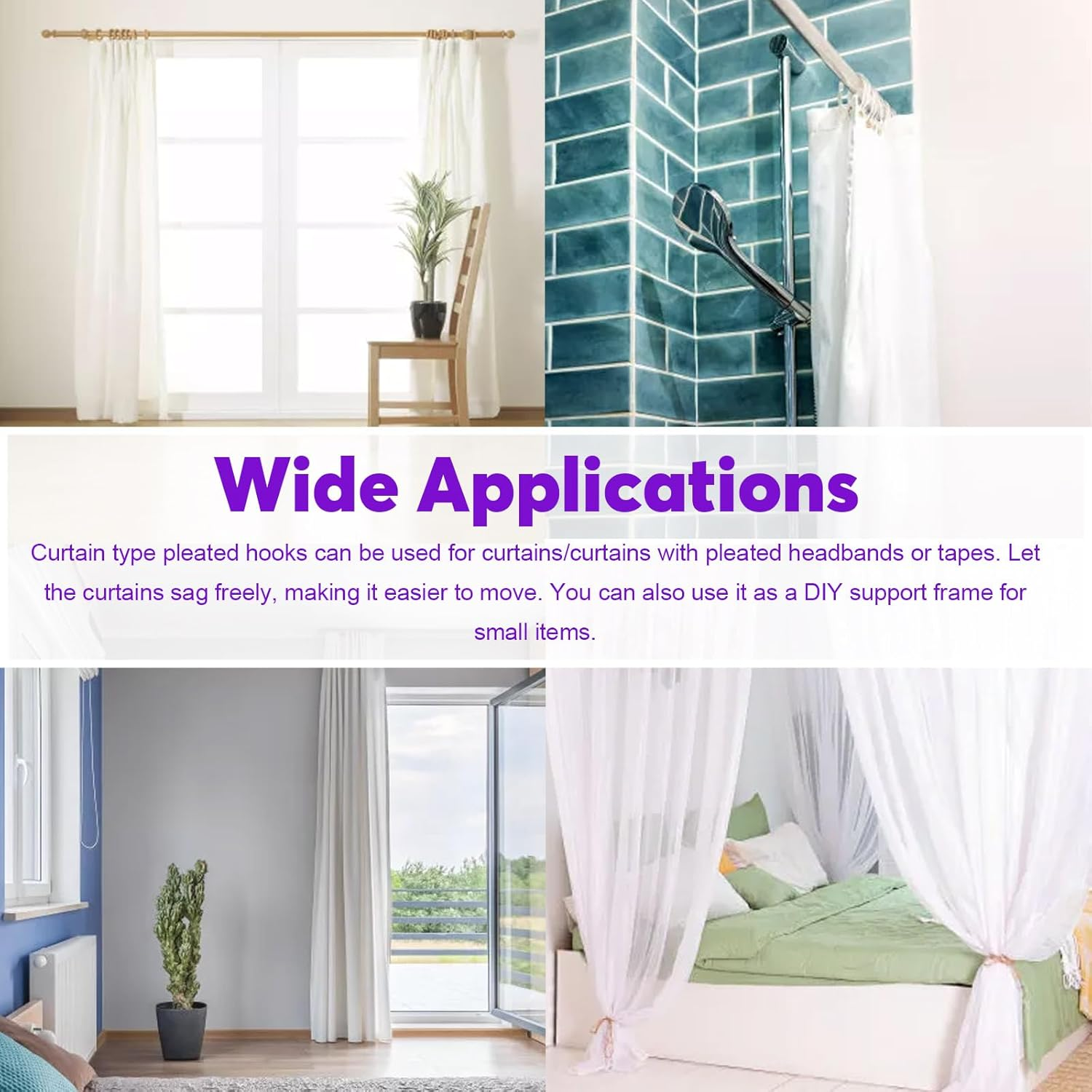 Swpeet 30Pcs Silver Stainless Steel Curtain Pleat Hooks,Drapery Hook and Pin for Pleated Drapes 4 Prongs Pinch Pleat Hook Clips, 4 End Curtains Hangers for Window Curtain, Door, Bathroom image number 1