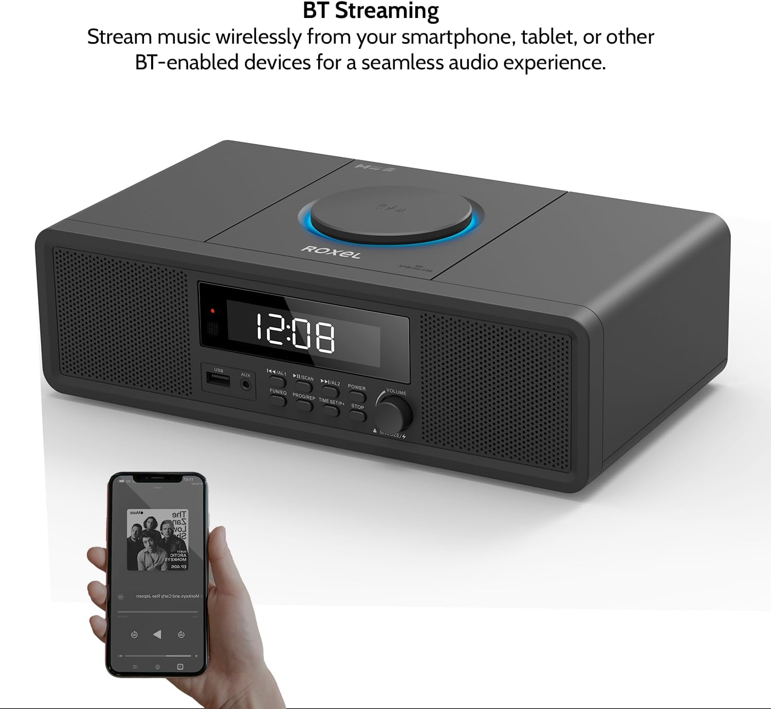 Roxel RCD-330BT All-In-One Compact Mini System with CD Player, USB Playback, FM Radio, BT Streaming, Headphone Jack and Wireless Phone Charging