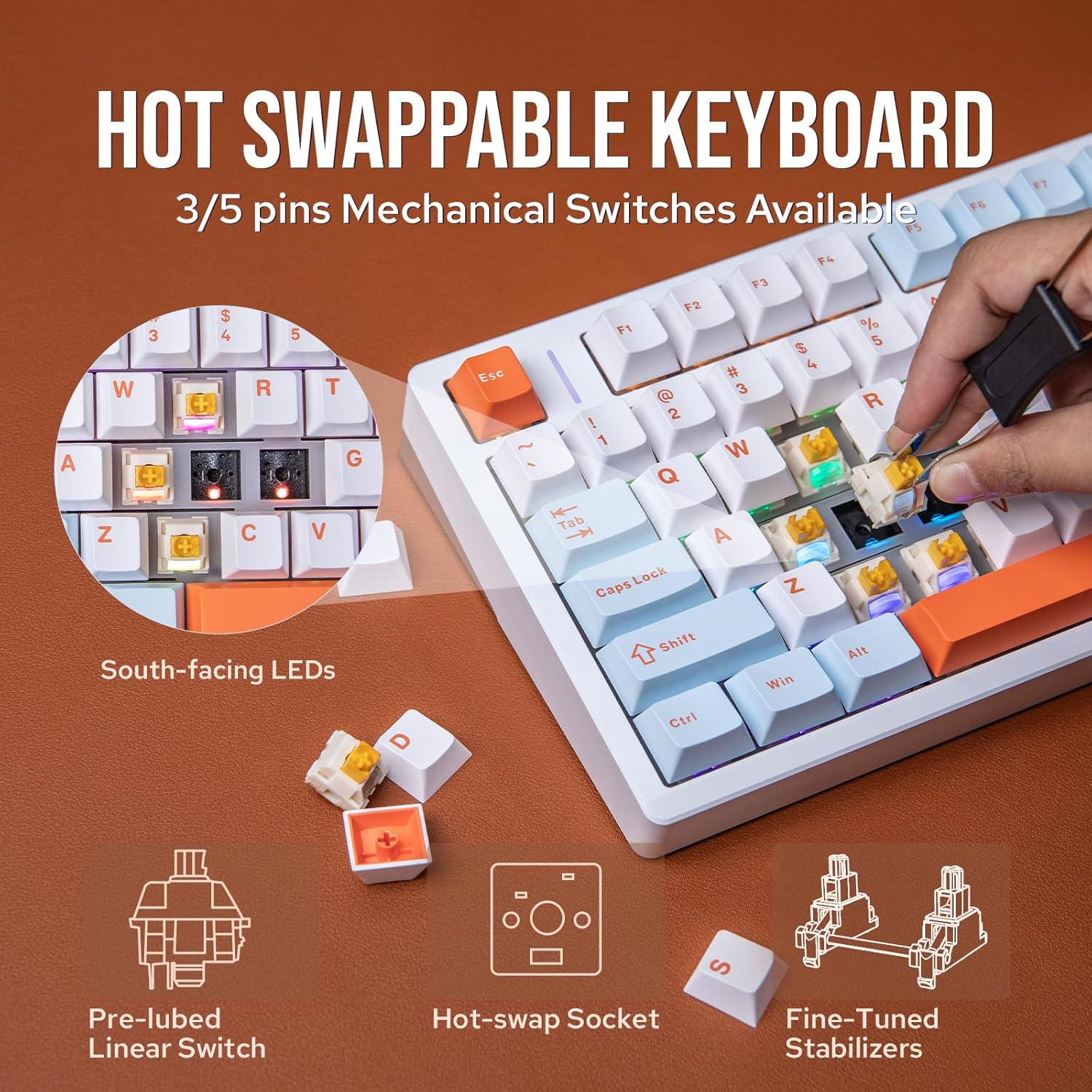 EPOMAKER Aula M75 Wireless Gaming Keyboard with 8000Mah Battery, 75% CNC Aluminum Mechanical Keyboard, Hot Swappable Creamy Keyboard, RGB Backlight, NKRO for Games/Office (Blue&White&Orange) image number 5