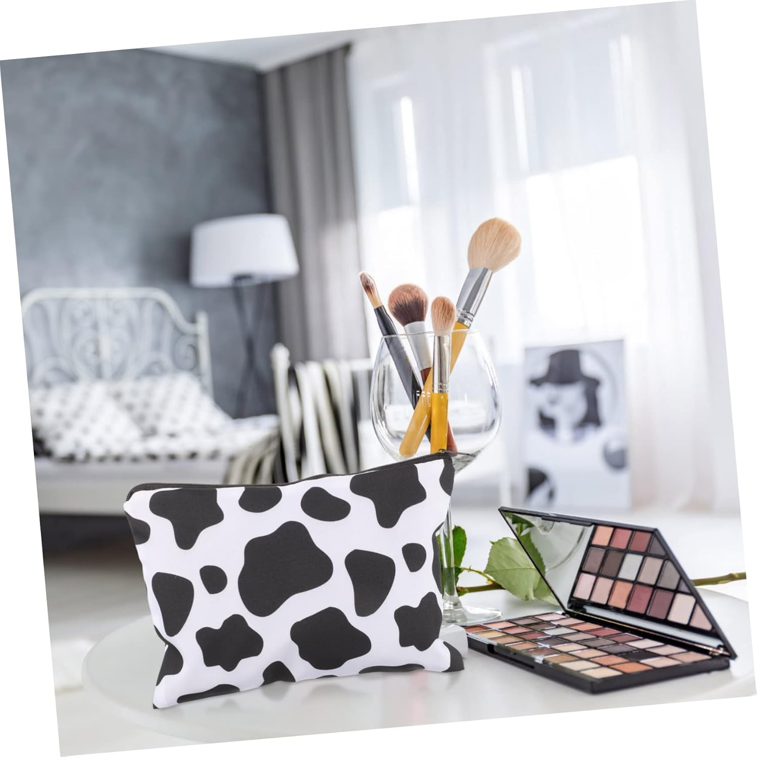 Makeup Bags Travel Cosmetic Organizer 2Pcs Large Square Black and White Cow Print Toiletry Pouch for Girls Portable Multifunctional Storage image number 4