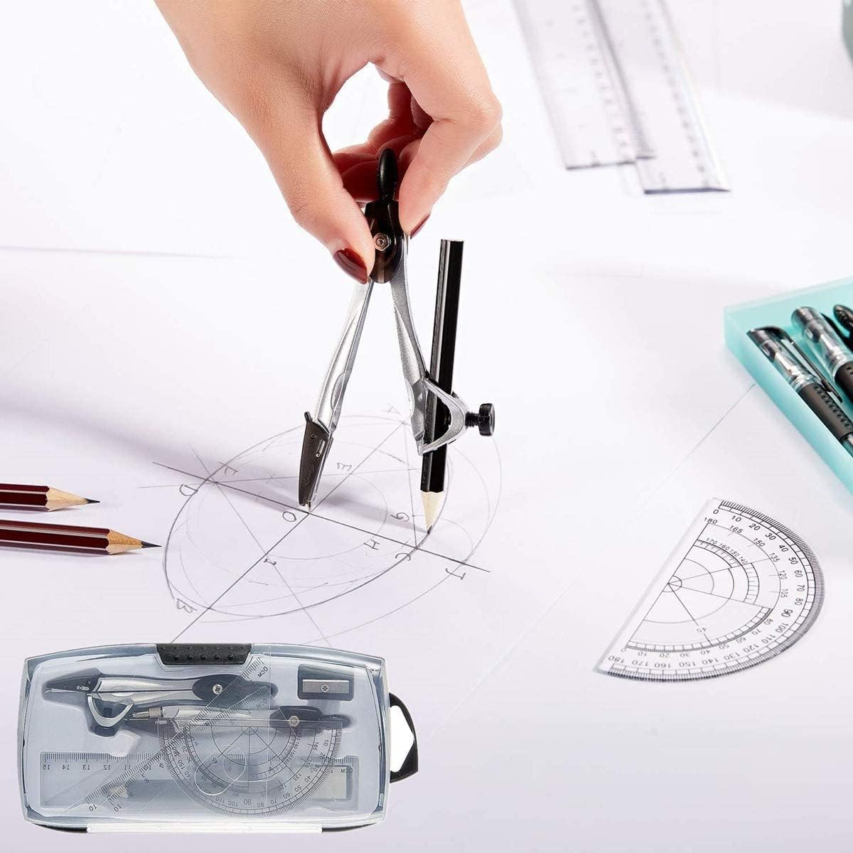 Geometry Compass Sets,Geometry Set Math Compass,Math Compass for Geometry Set,10Pcs Math Geometry Kits Compass Maths Tool with Compass,Protractor,Ruler Eraser, Pencil,Pencil Sharpener,Refills,Box image number 2