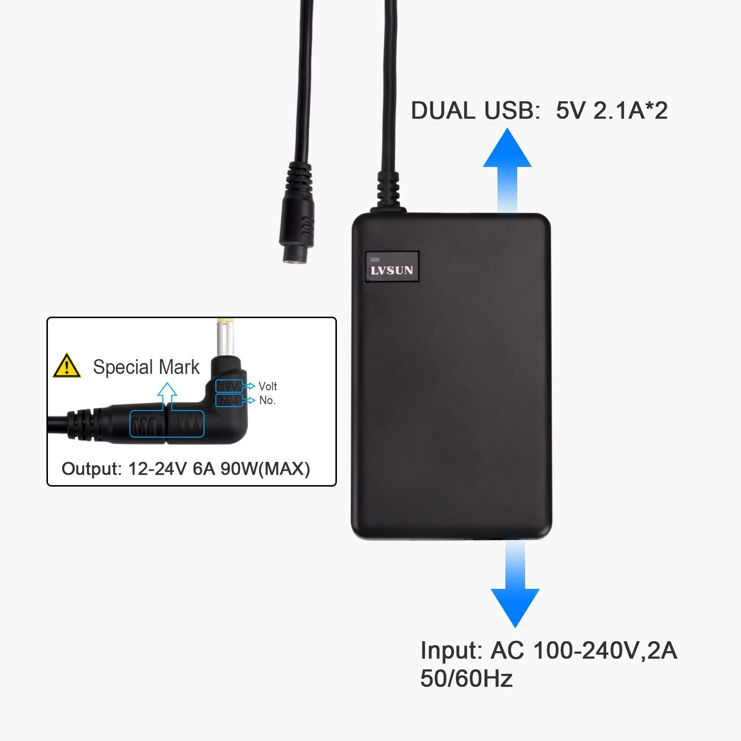 Universal Laptop Charger 90W Slim AC Power Supply Adapter with Dual USB Port for Mobile/Tablet - Compatible with Lenovo Samsung HP Acer Asus and More - AC 100V-240V, DC 18.5V -20V image number 3