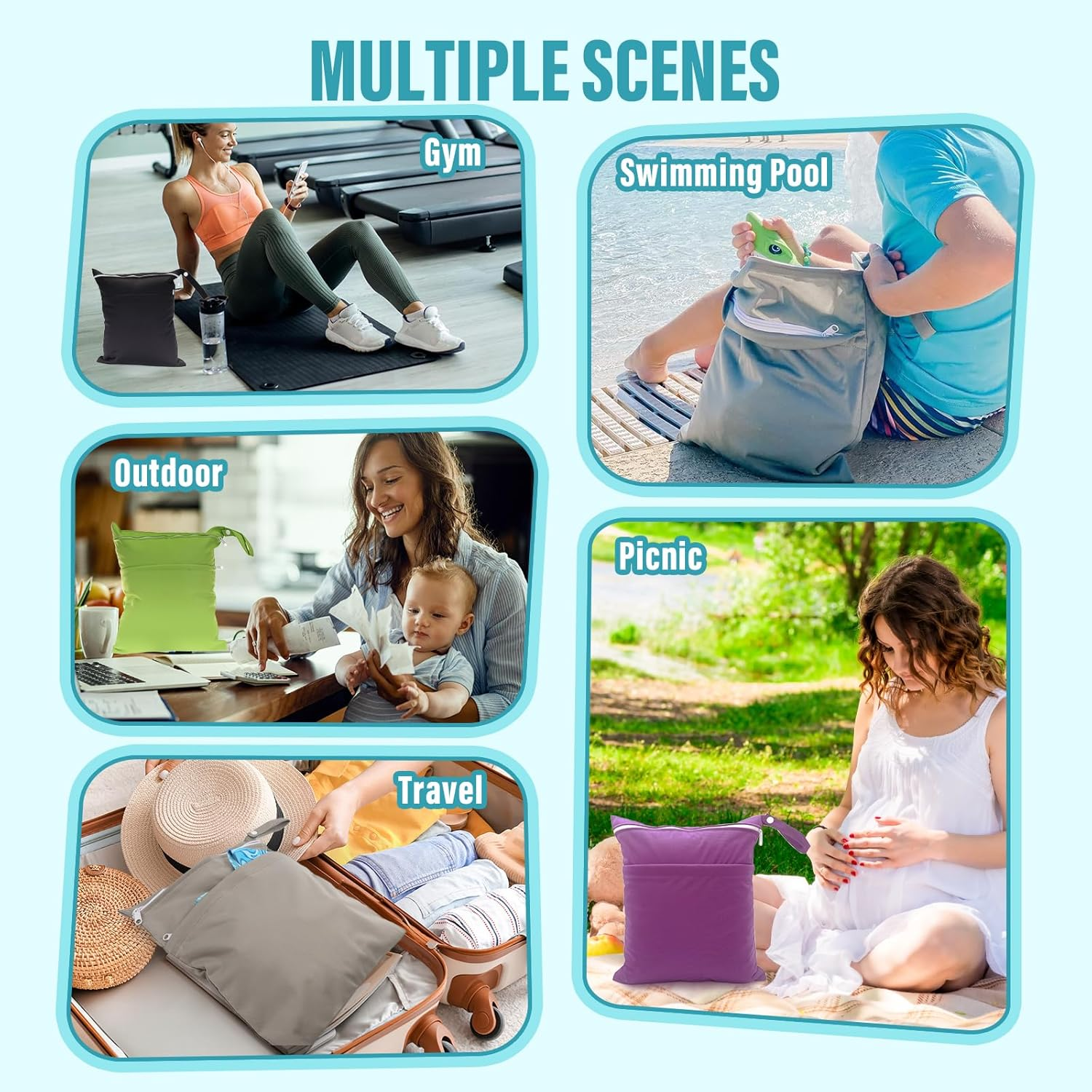 2 Pack Cloth Diaper Wet Bags - Double Zipper Pockets Waterproof Reusable Wet Dry Bag for Baby Diapers, Large Capacity with Wet Dry Separation (Green+Purple) image number 3