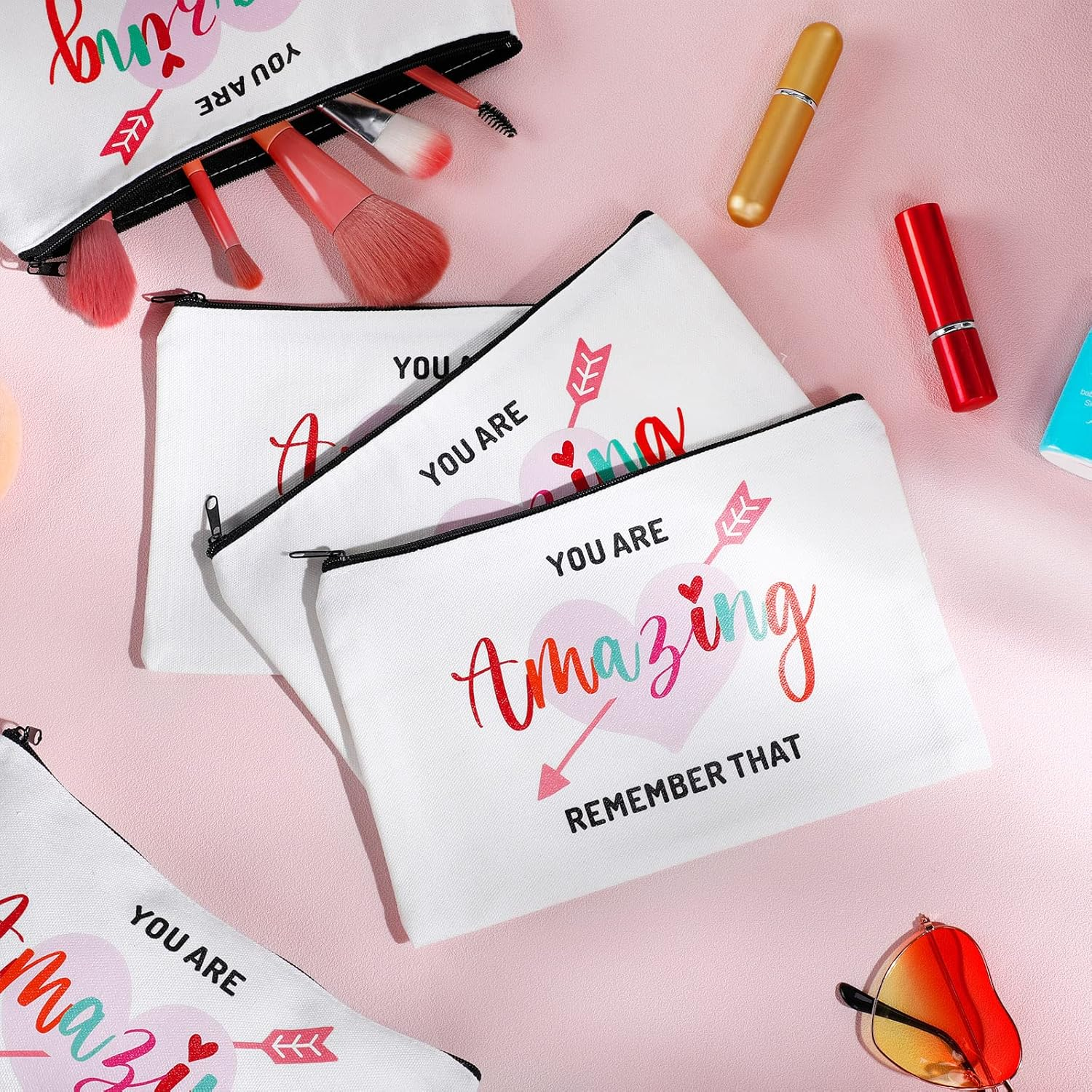 Chunful 10 Pieces Inspirational Canvas Makeup Bags for Women Bulk Rainbow Canvas Makeup Bags Cosmetic Bag with Zipper Friendship Gift Travel Toiletry Bag Pouch, White, Tree Style