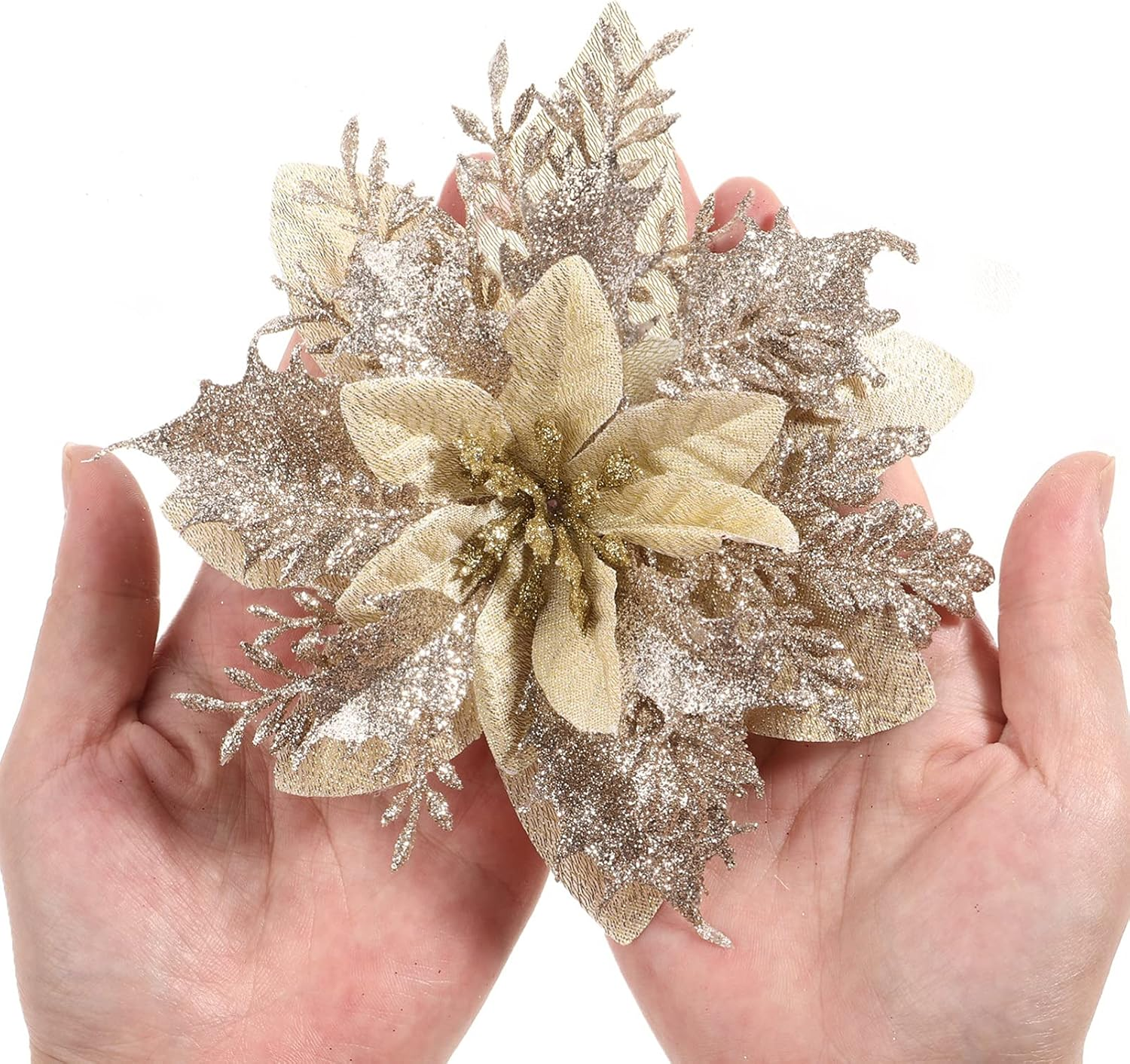 Kisangel 12Pcs Christmas Tree Picks, Artificial Poinsettia Glitter Flowers with Stems and Clips, Xmas Tree Flowers for Wedding Party Ornaments, Gold - Champagne Gold image number 6