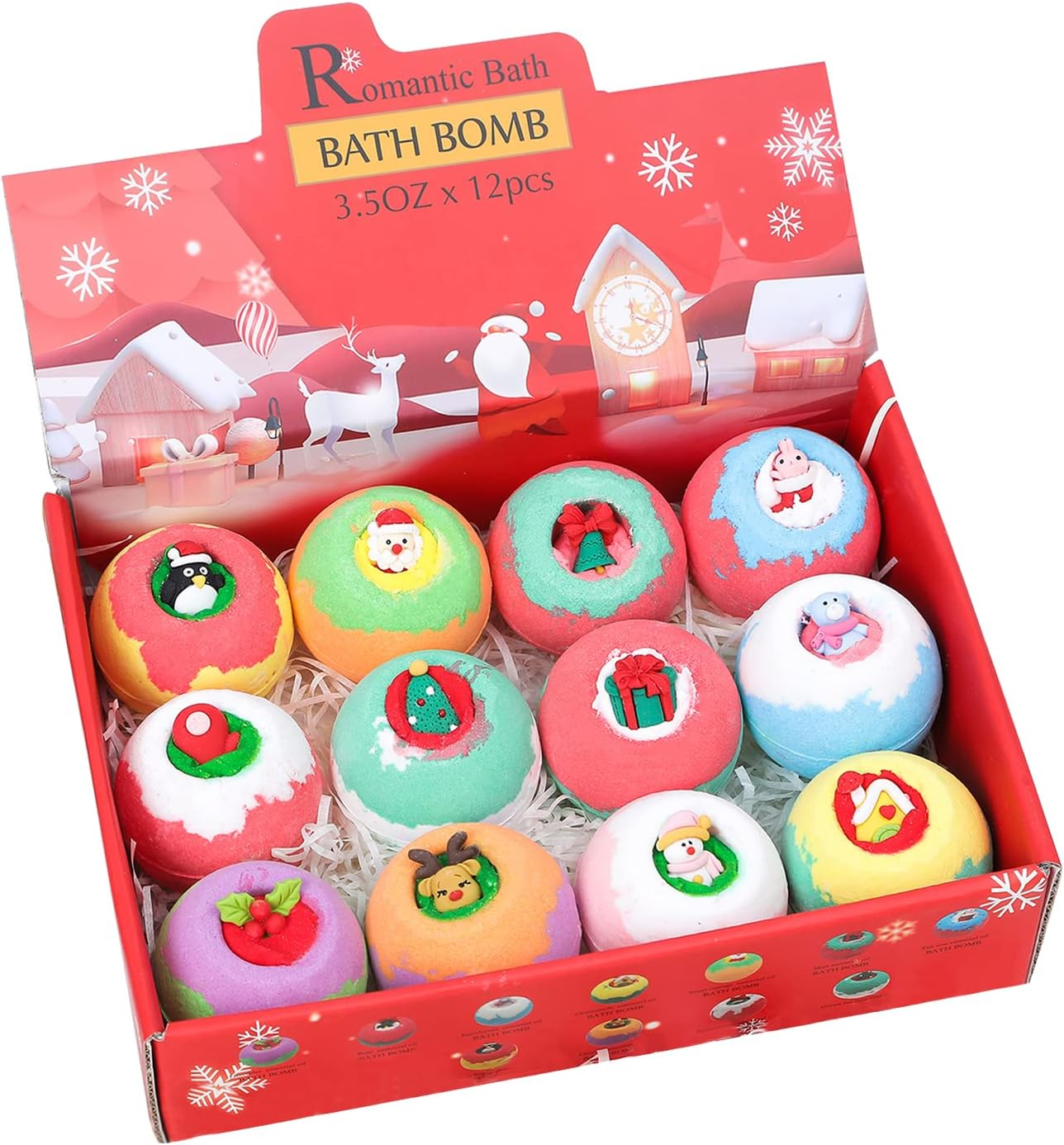 12PCS Bath Bombs Gift Set for Christmas with Santa Claus Snowman Elk for Baby Girl Women Relaxing & Organic Essential Oil