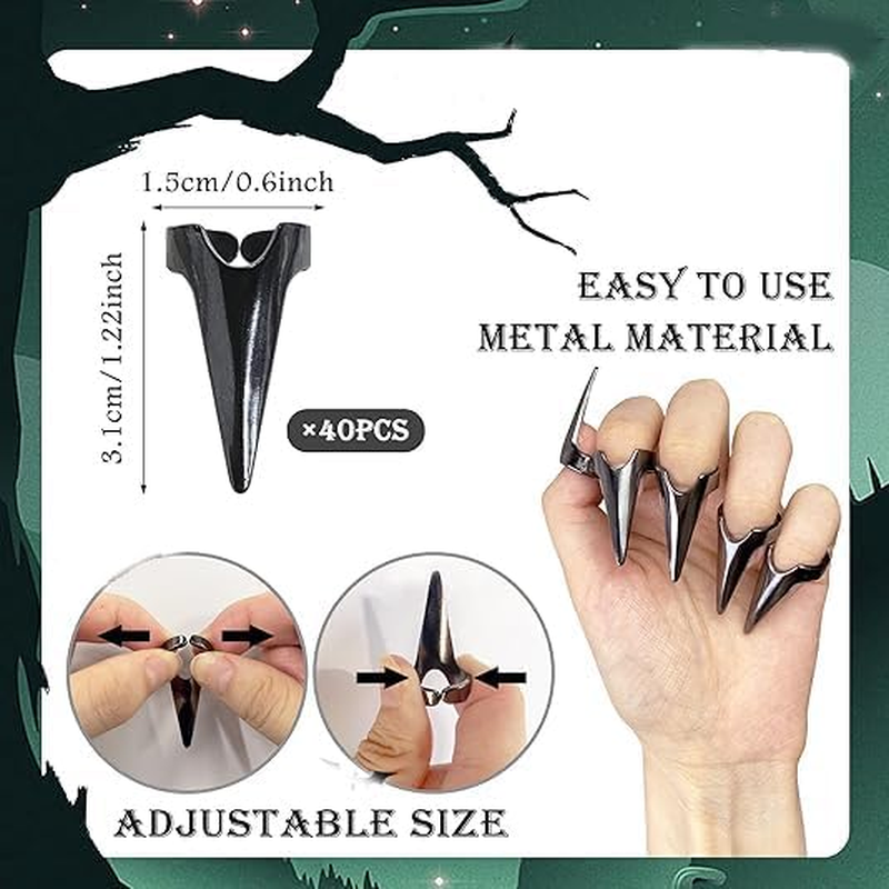 XIPEGPA 40 Piece Full Finger Set Claws Rings Vintage Metal Ring Finger Claws for Cosplay Gothic Talon Nail Art Holiday Party, Metal image number 5