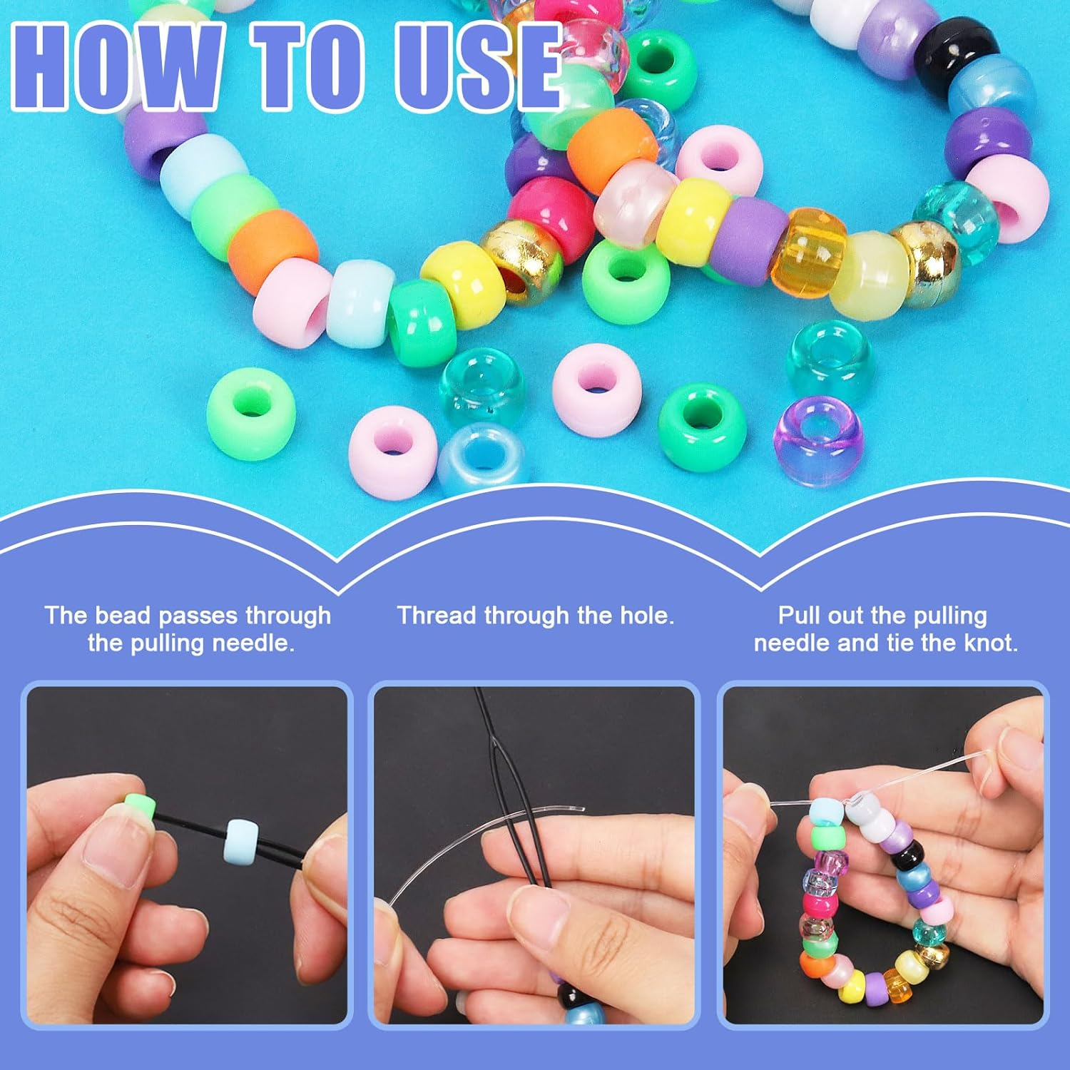 Glarks 1254Pcs 24 Color Pony Beads Kit with Elastic String, Rubber Band, Quick Beader and Scissors - Solid Pearlescent Transparent Matte Rainbow Hair Beads for Braids Bracelet Making Craft image number 5