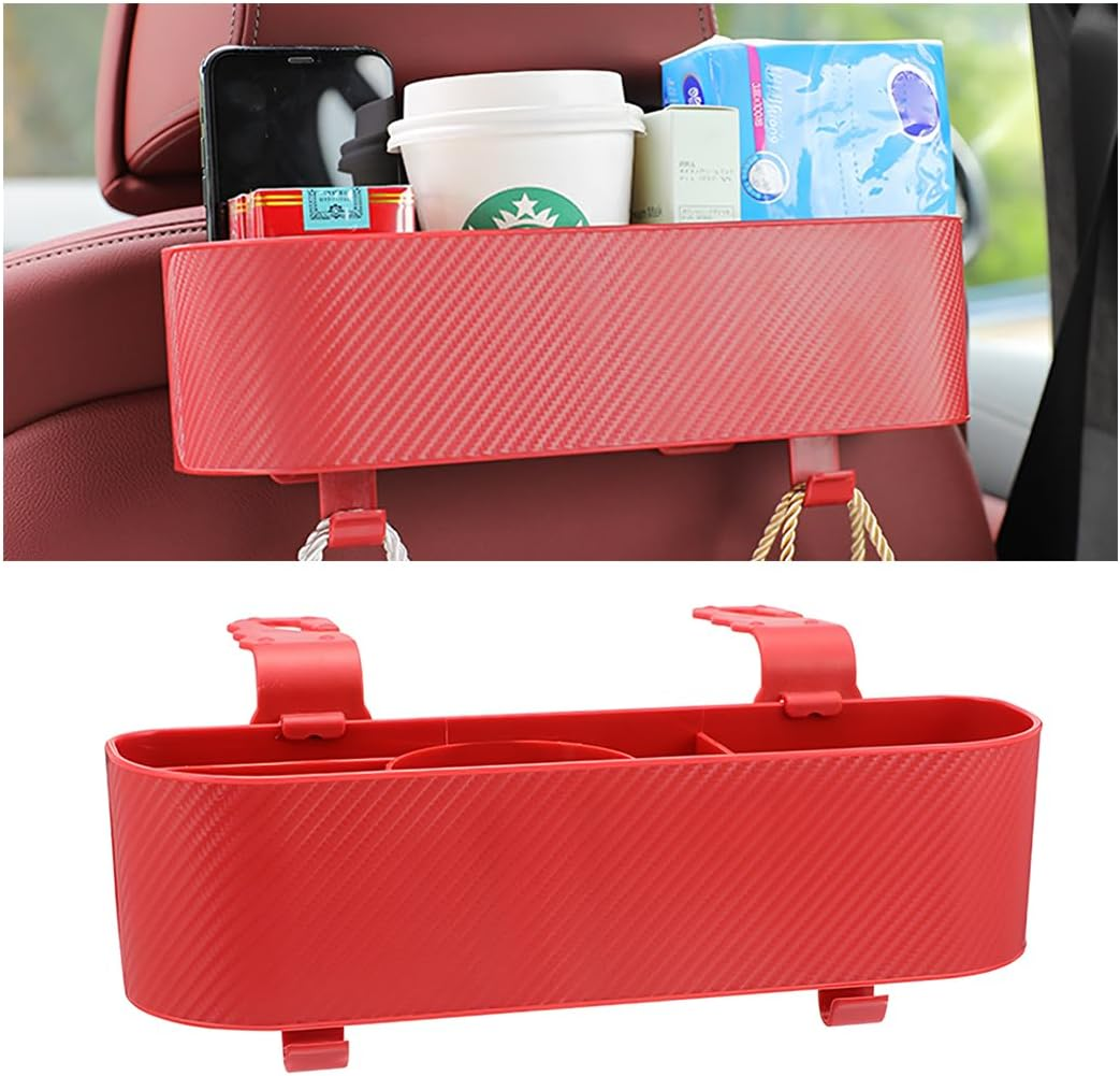 BELOMI Car Headrest Backseat Organizer with Cup Holder, Seat Back Hanging Storage Box with Hooks, Multi-Functional Drink Pocket Food Snack Phone Tray for Kids, Car Travel Accessories (Black)