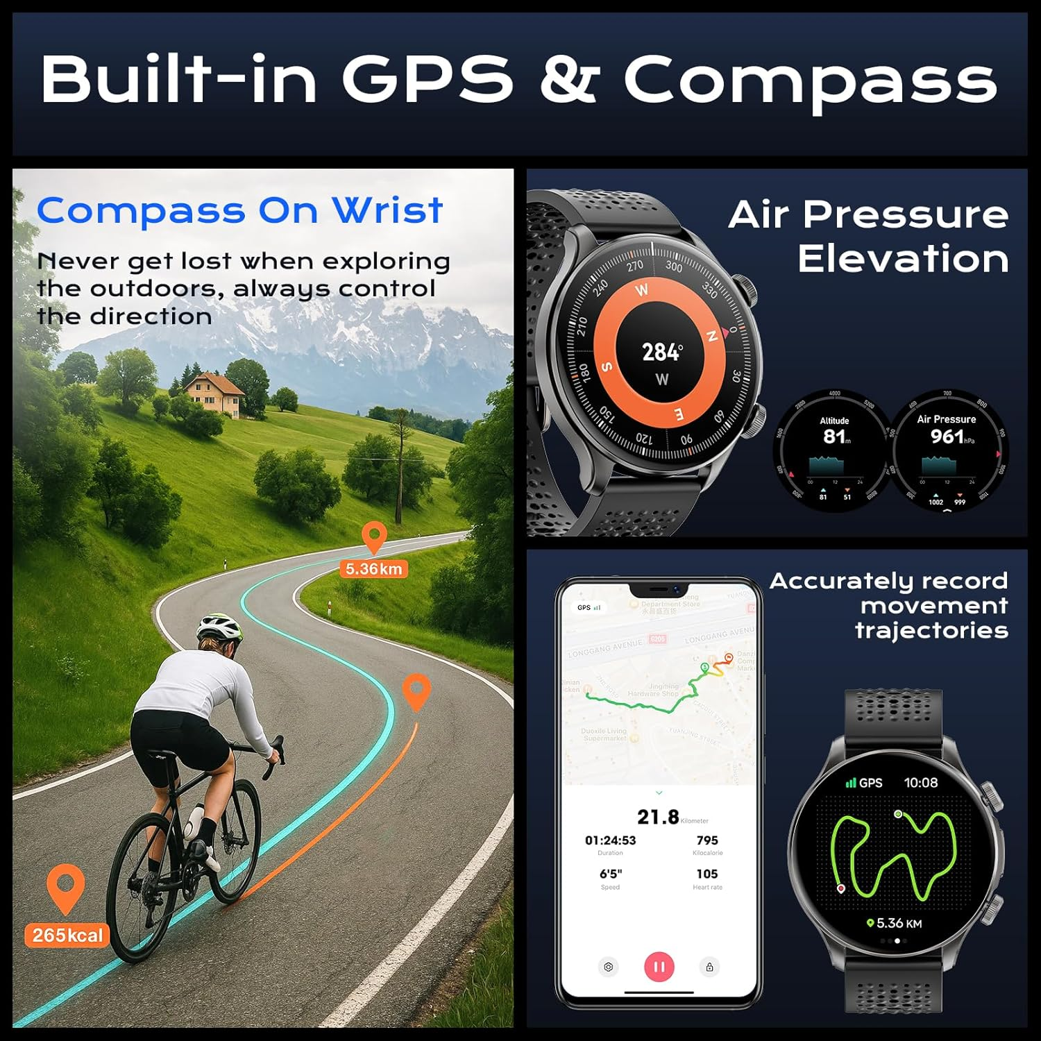 GPS Smart Watches for Men (Answer/Make Call), 1.60" AMOLED Display Smartwatch, 170+ Sports Modes Fitness Tracker Watch with Compass Pedometer, 5ATM Waterproof Mens Smart Watch for Android Iphone image number 2