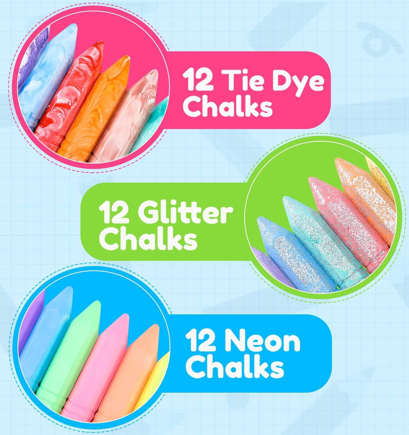 36 PCS Washable Sidewalk Chalks Set in 6 Packs, 18 Colors, Including 12 Tie Dye Sidewalk Chalks, 12 Glitter Chalks & 12 Neon Color Chalks image number 3