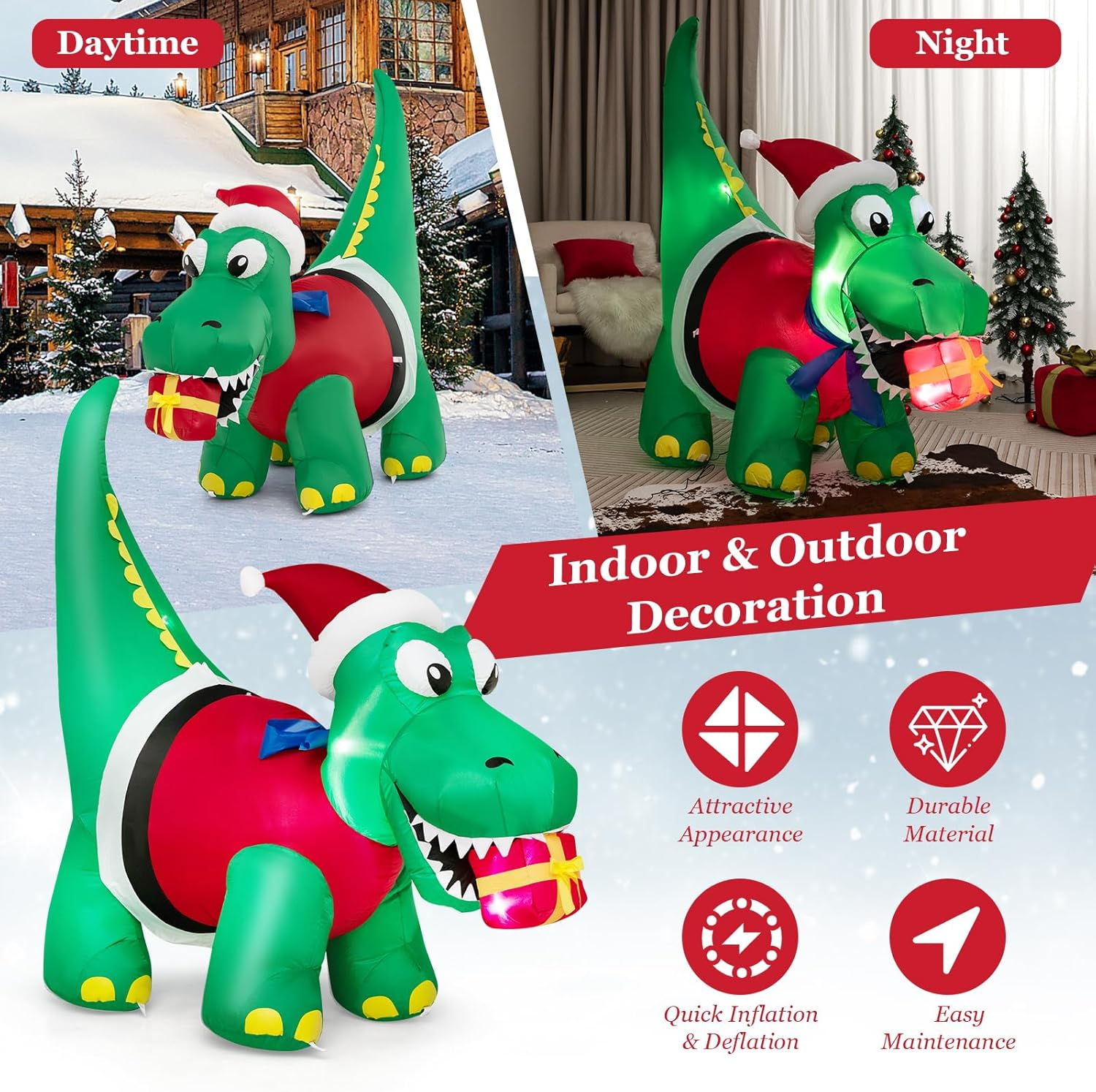 Costway 1.83M Christmas Inflatable Dinosaur, Inflatable Christmas Decoration with LED Lights, Gift Box & Waterproof Blower, Tall Indoor Outdoor Holiday Decoration for Yard, Party, Lawn image number 1
