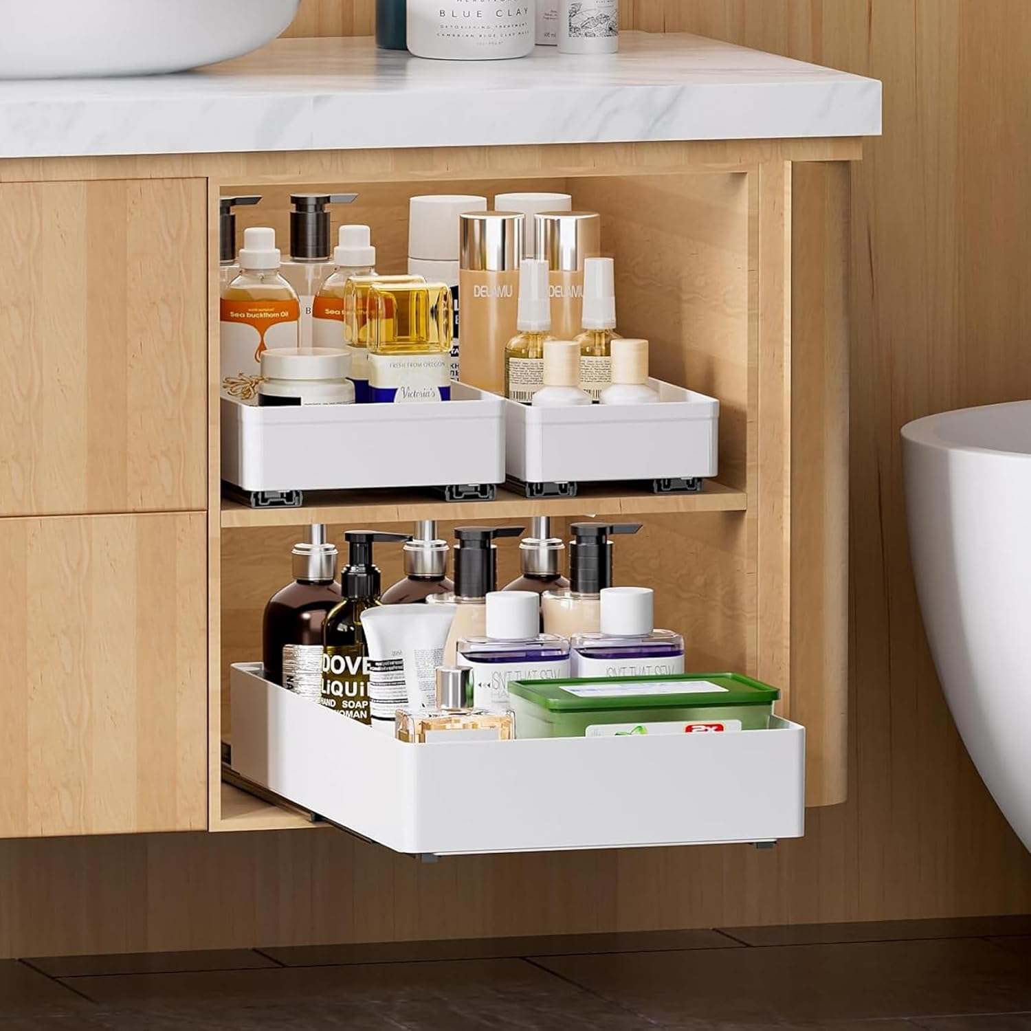 3 Packs Pull Out Cabinet Organizer, 40Cm Deep Slide Out Drawers, Roll Out Rack Shelves for Bathroom Kitchen Cabinets, White image number 2