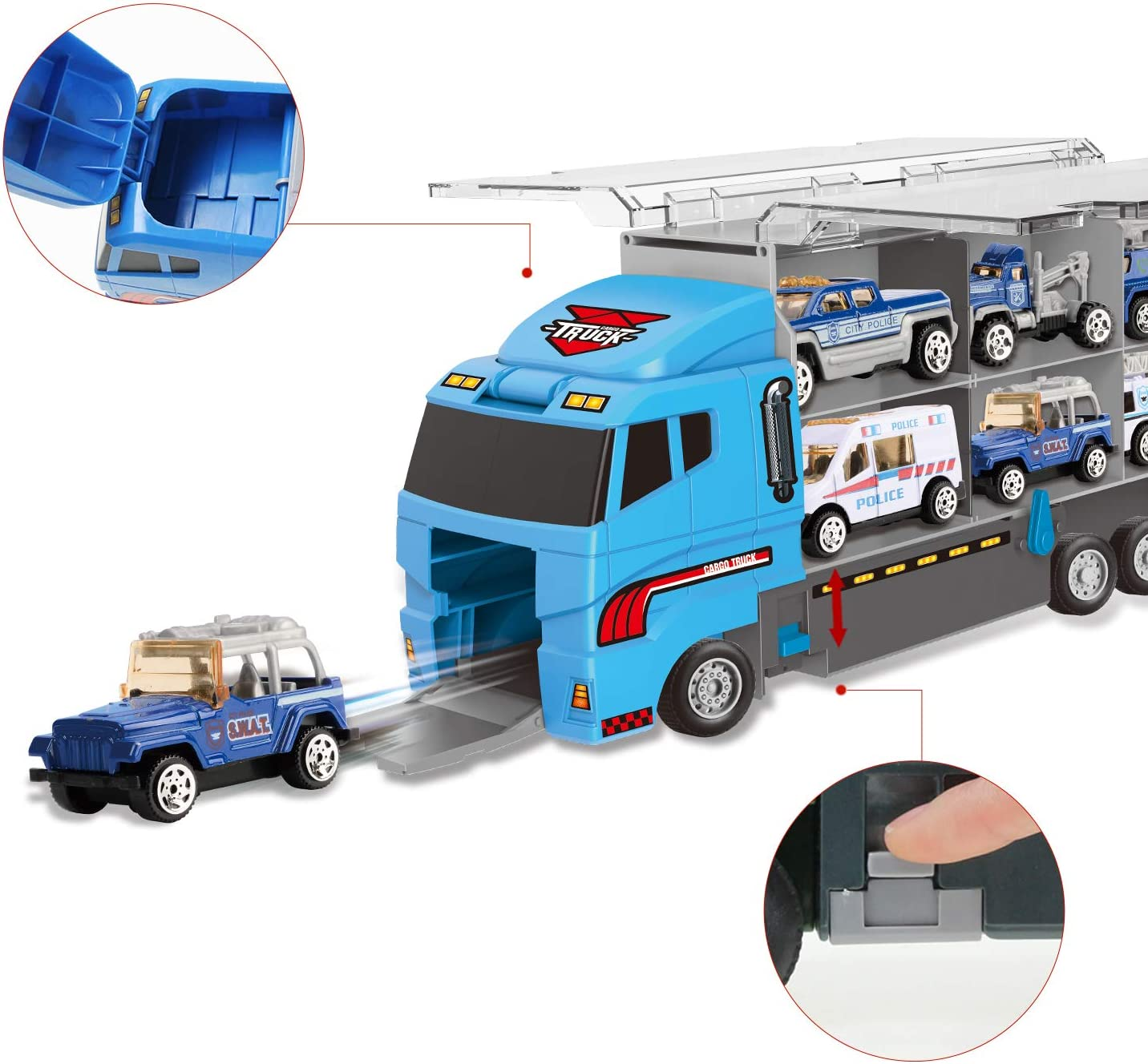 Jenilily Police Car Toy Truck Mini Rescue Vehicles Playset in Carrier Truck for Kids 3 4 5 Years Old image number 2