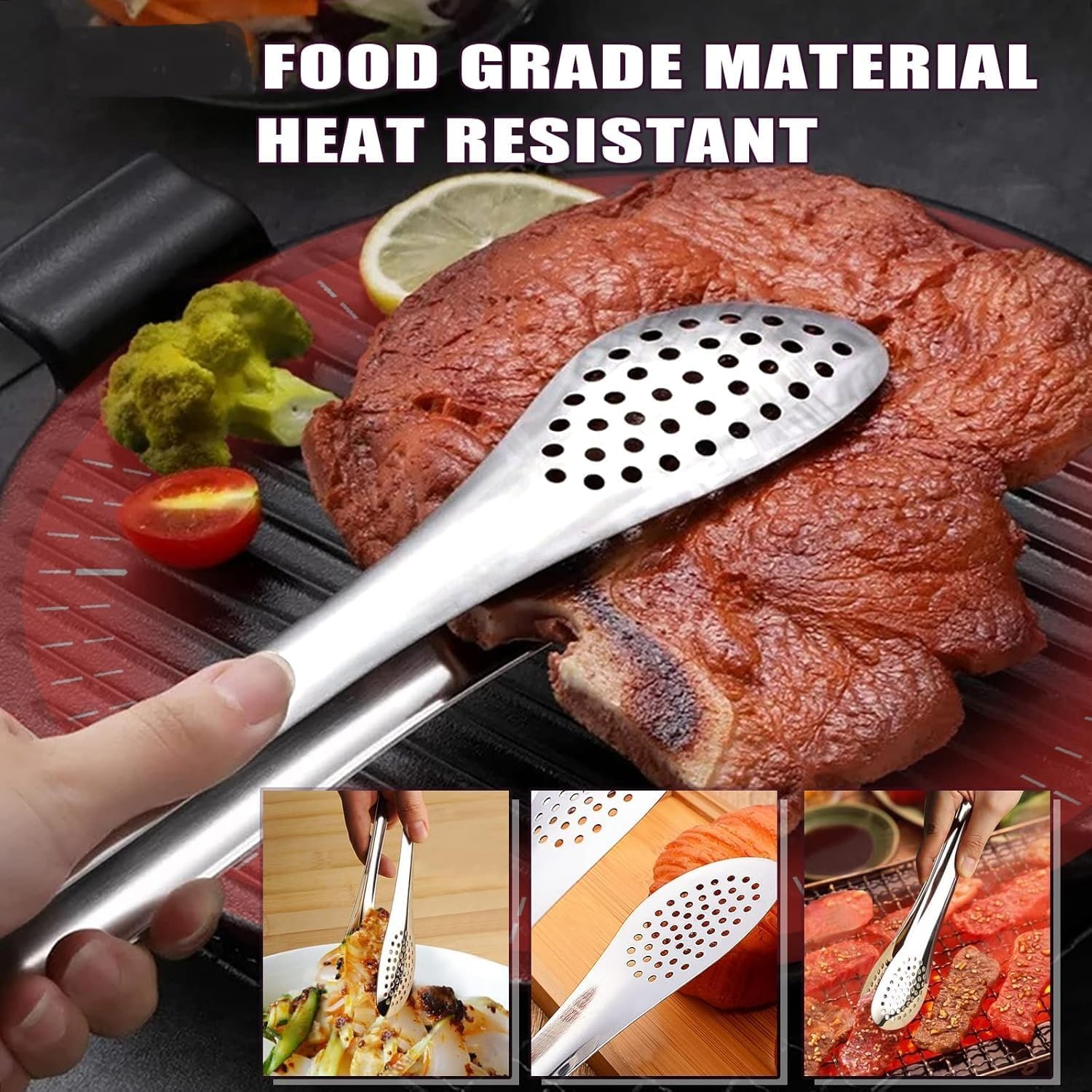 Stainless Steel Tongs Set (7/9/11 Inch) - Heavy Duty Kitchen & BBQ Tongs for Cooking, Grilling, Frying, Baking, Salad, Buffet - Dishwasher Safe, Serving Tongs for Food (Silver, One Size) image number 5