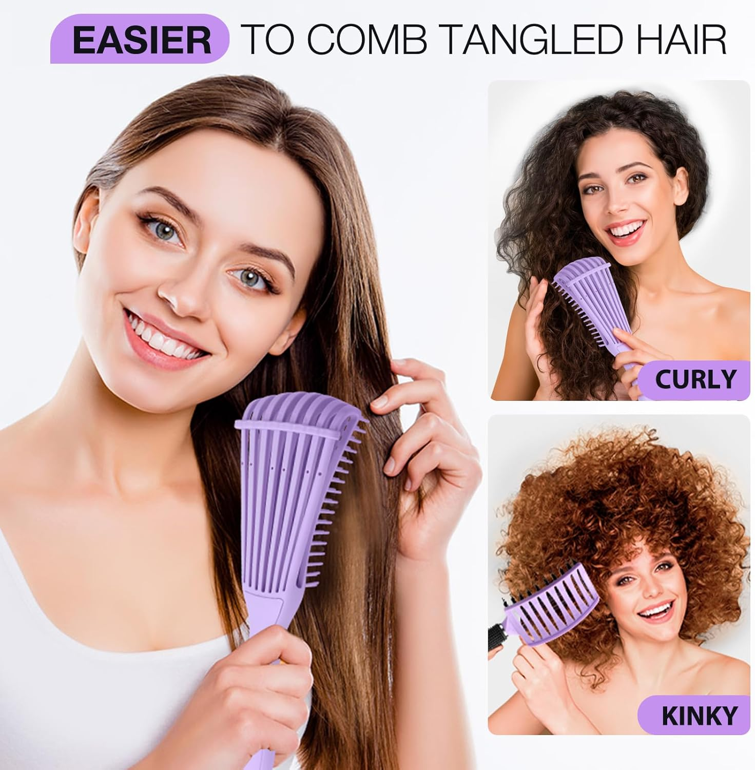 2 Pack Hair Brush Set, Hair Brushes for Women Men Kid Wet Dry Curly Thick Thin Wavy Straight Hair, Make Hair Beautiful and Smooth(Purple) image number 3