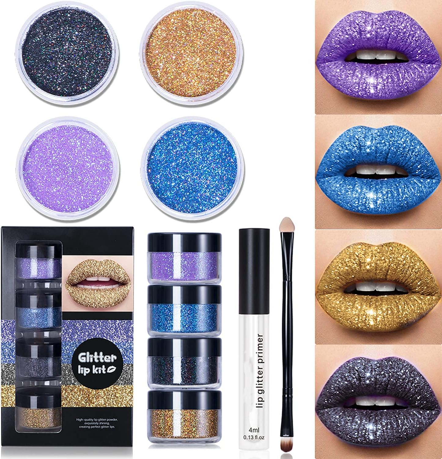 Glitter Lip Kit Liquid Lipstick Set, Stay Golden, 4 Color Diamond Metallic Lipstick Waterproof and Long-Lasting Set for Women (B) image number 3