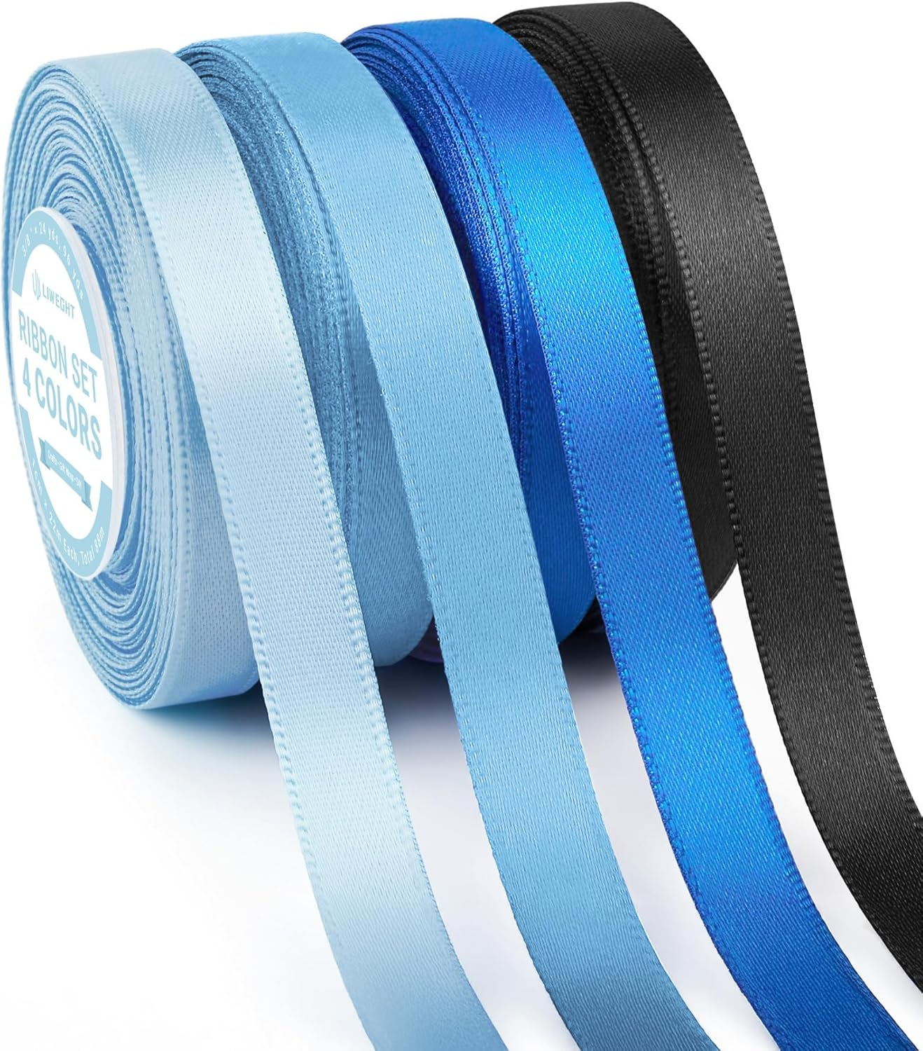 LIWEGHT Satin Ribbon Set 4 Rolls &ndash; 1Cm X 22M Each, Total 88M (3/8" X 24Yds, 96Yds) &ndash;Light Blue/Royal Blue/Electric Blue/Black Double Faced Ribbons for Crafts, Gift Wrapping, Hair, Party Decorations