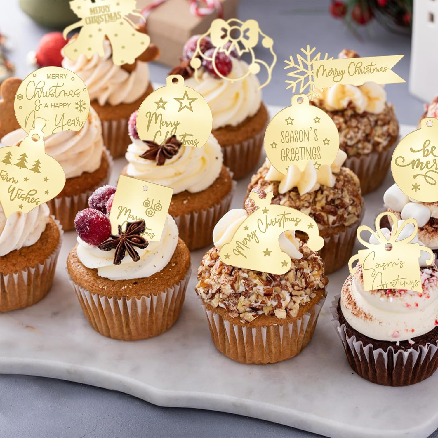 Christmas Cake Topper, 24Pcs Golden Mirror Irregular Merry Christmas Acrylic Cupcake Picks Christmas Themed Cake Discs for DIY Cake Charms image number 1