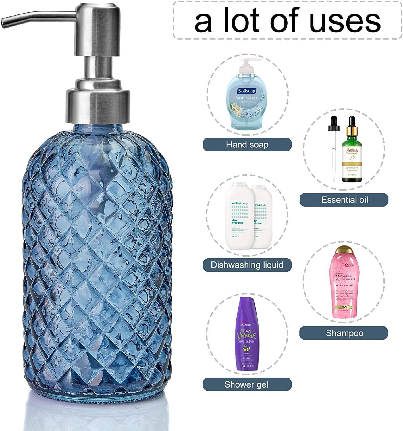 AXIM Glass Soap Dispenser with Stainless Steel Pump, 400Ml Refillable Lotion Soap Bottle, Dish & Hand Soap Dispenser, Home Decoration (2 Pc/Blue)