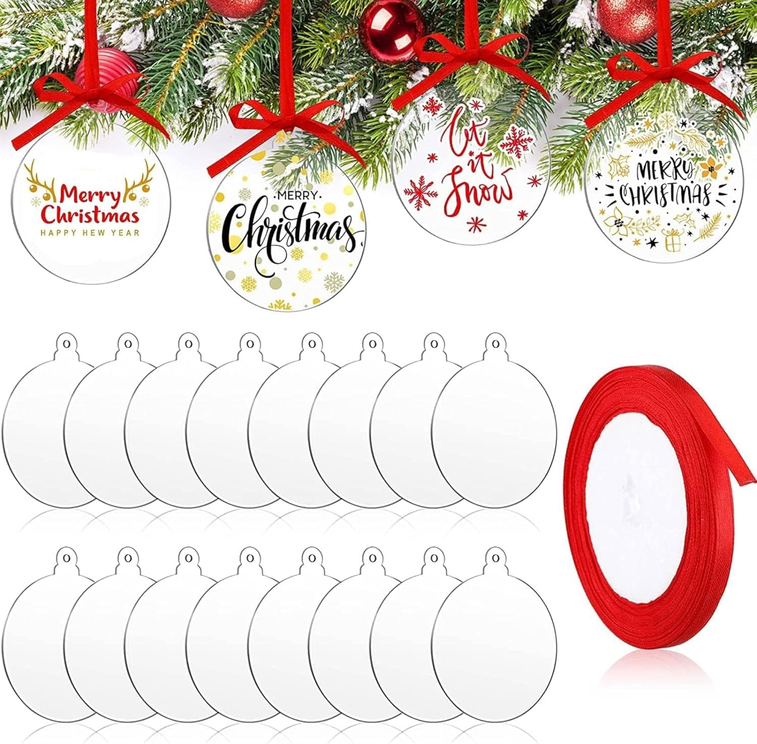 16 Pieces Clear round Acrylic Christmas Ornament with Red Ribbon DIY Blank round Acrylic Ornament Transparent Circle Discs for Christmas Bauble Tree Decoration Tag Craft (Cute Style, 4 Inches) image number 1