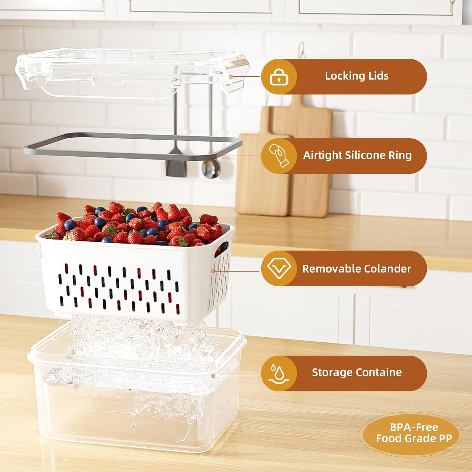 Fruit Storage Containers for Fridge with Removable Colanders, Food-Grade Freezer-Sealed Drained Fruit Containers for Fridge, Keep Fruit Fresh for Long Periods of Time, Dishwasher Safe (Clear-6 Pack) image number 4