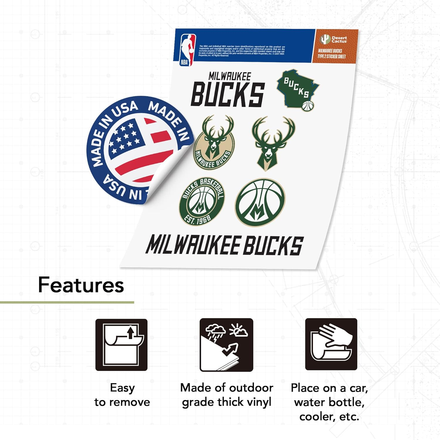 Desert Cactus Milwaukee Bucks NBA Officially Licensed Sticker Vinyl Decal Laptop Water Bottle Car Scrapbook (Type 2) image number 4