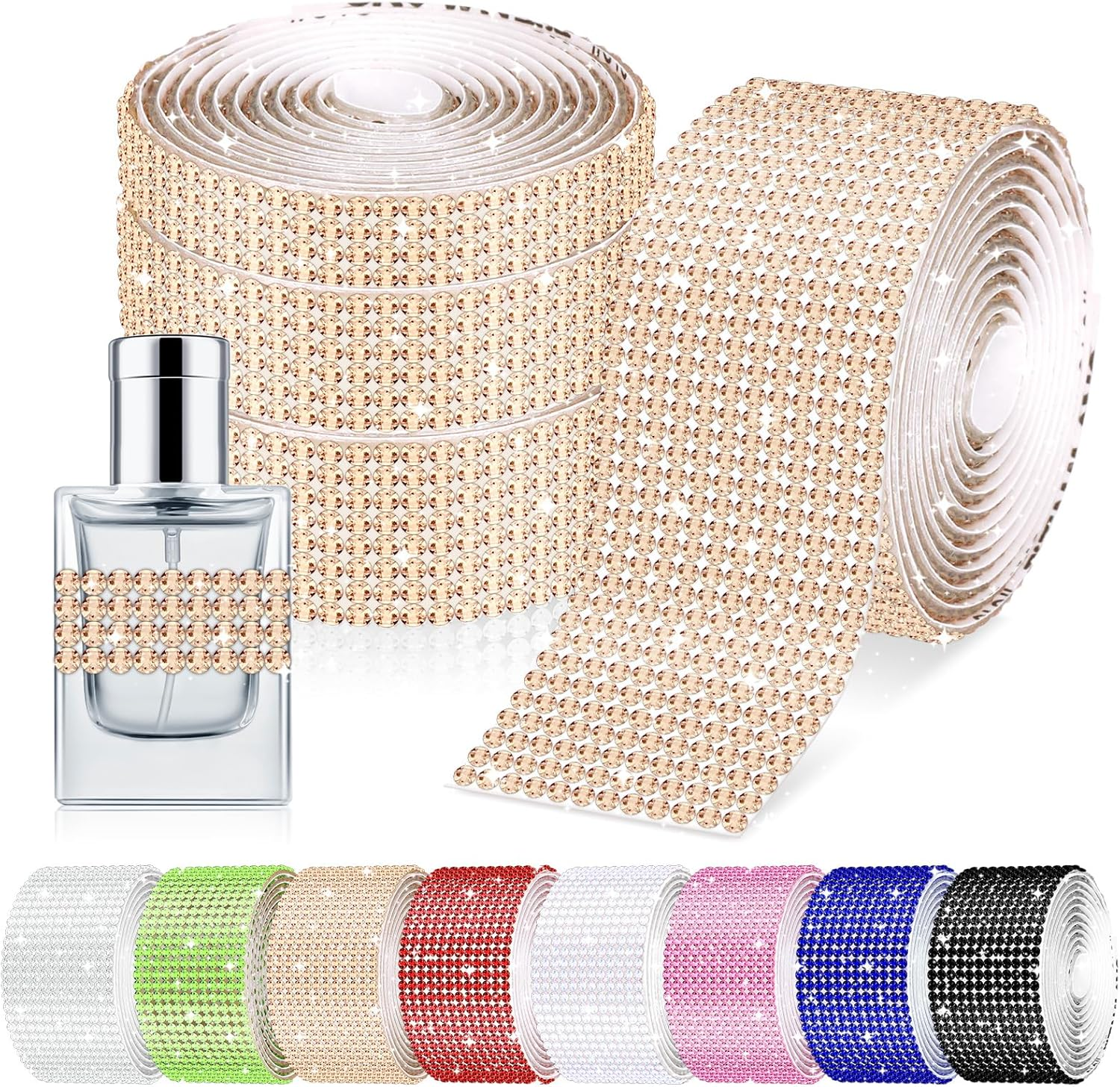 Glarks 4 Rolls 364CM Self-Adhesive Crystal Rhinestone Ribbon, 4/6/8/12 Rows Champagne Color Wrap Glittering Rhinestones Sticker, Diamond Rhinestone Ribbon Roll Stickers for Decoration Car DIY Crafts