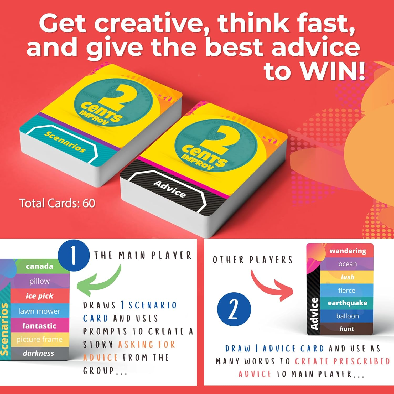 QUOKKA 2 Cents Family-Friendly Comedy Storytelling Game Cards - 60 Funny and Creative Improv Story Card Games - Fun Groups Gathering, Party Activities, Adult Game Night - 3-8 Storyteller Players image number 4