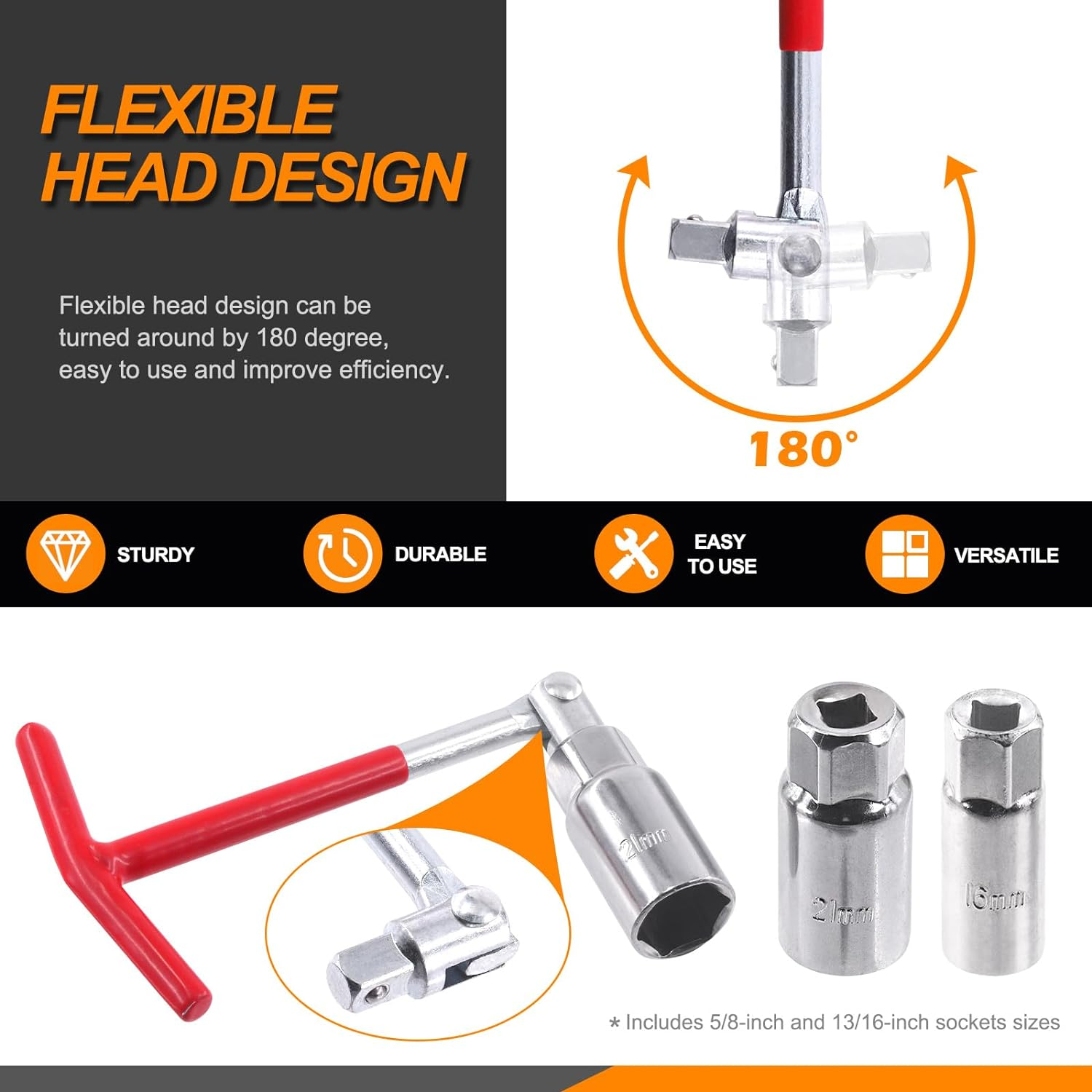 4Pcs Professional T-Handle Spark Plug Socket Wrench with 16Mm(5/8") 21Mm(13/16") Spark Plug Socket and Spark Plug Gap Gauge, Universal Joint Spark Plug Removal Tool Set for Lawn Mower Vehicle image number 5