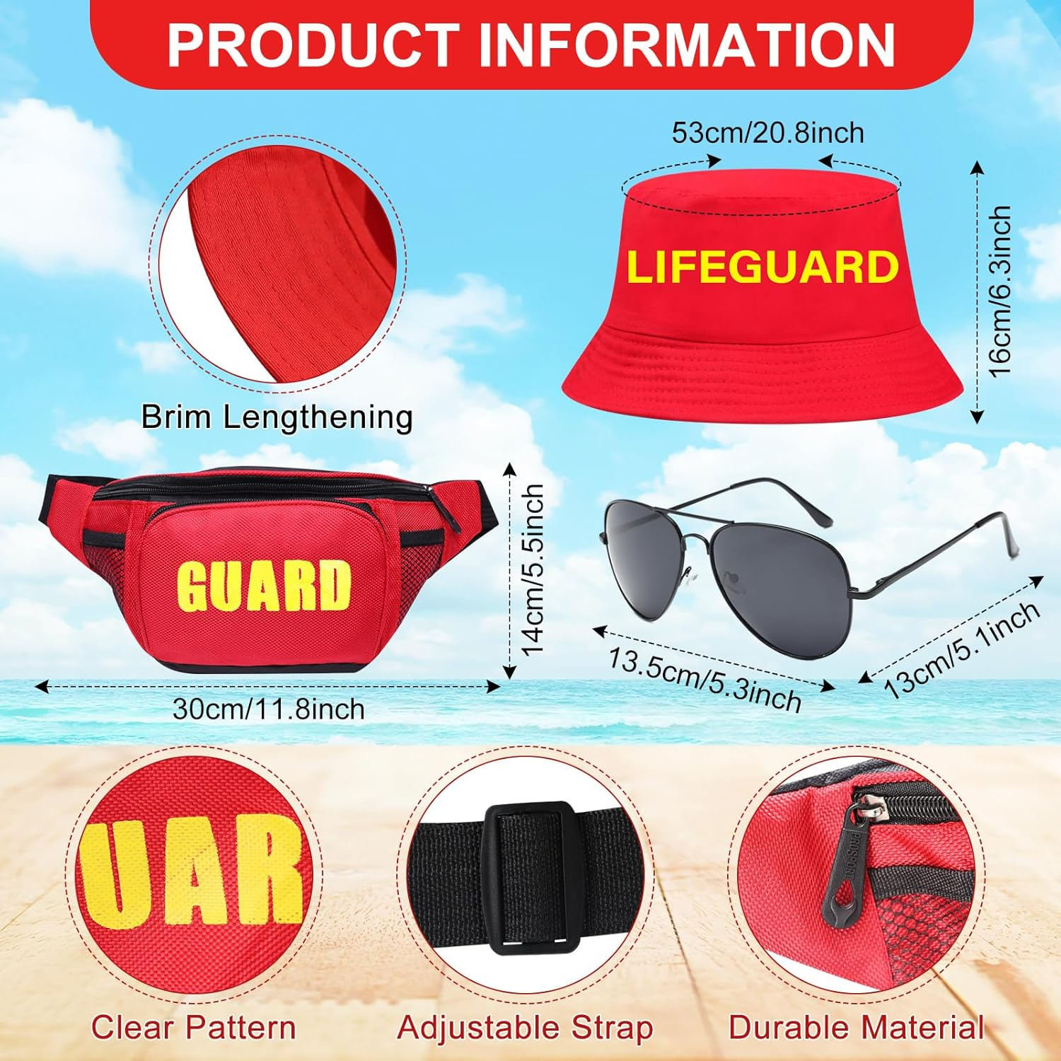 5Pcs Life Guard Accessories Kit Include Inflatable Float Prop Bucket Hat Adjustable Fanny Pack Whistle Sunglasses Lifeguard Fancy Dress Costume for Adults Women Men Halloween Cosplay Party image number 2