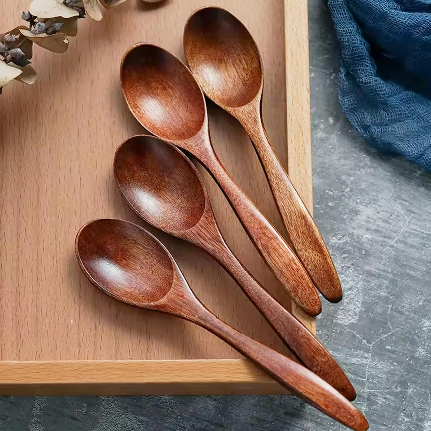Wooden Spoons, 4 Pcs Wood Long Handle Spoon for Eating Mixing Stirring Cooking Kitchen Restaurant Utensils image number 2