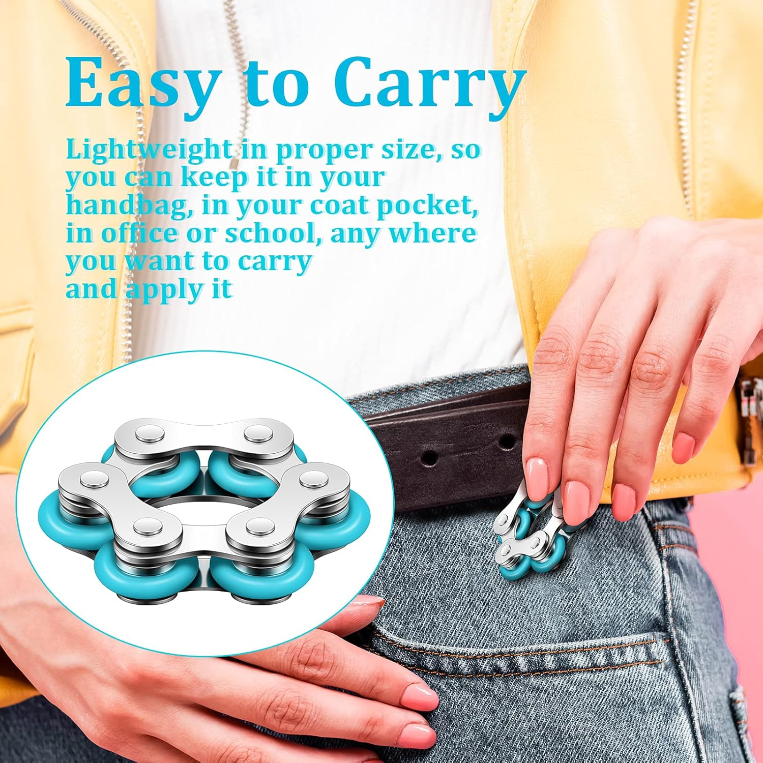 2 Pieces Fidget Toys Flippy Roller Chain, Six Roller Chain Fidget Toys Bike Chain Toys Novelty Stress Relief for Adults Teens Anxiety Autism, ADHD (Dark Blue, Sky Blue) - Black,Blue image number 3