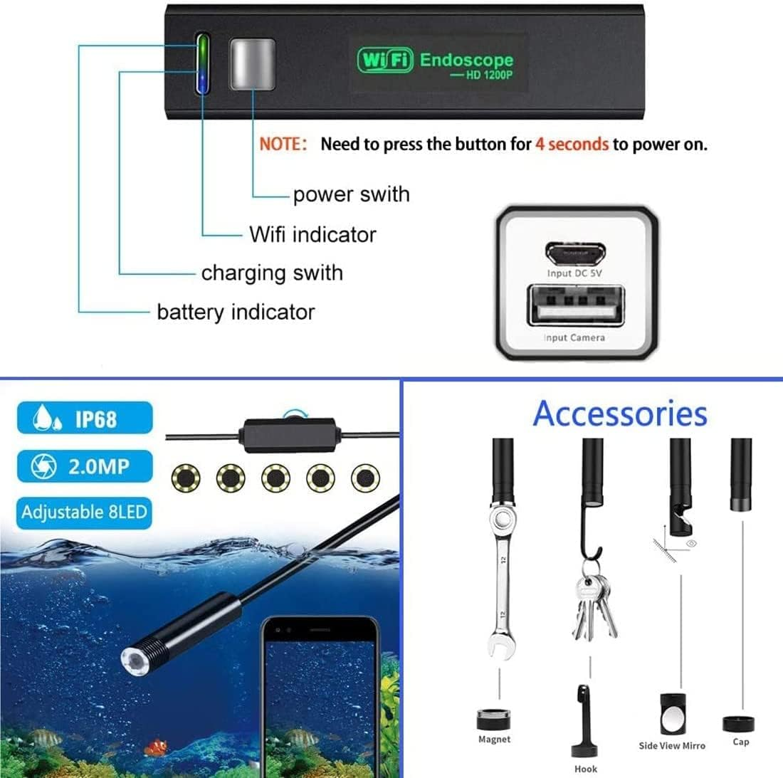 Endoscope USB Inspection Camera Waterproof Wifi Borescope Compatible Android and Ios Smartphones, Iphone, Ipad (4.92FT)