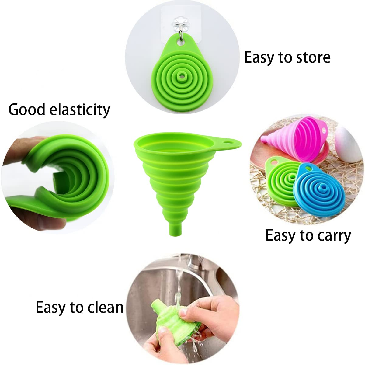 Kitchen Funnels Silicone Collapsible with Self-Adhesive Hooks for Filling Bottles Liquid Water Powder Oil Transfer