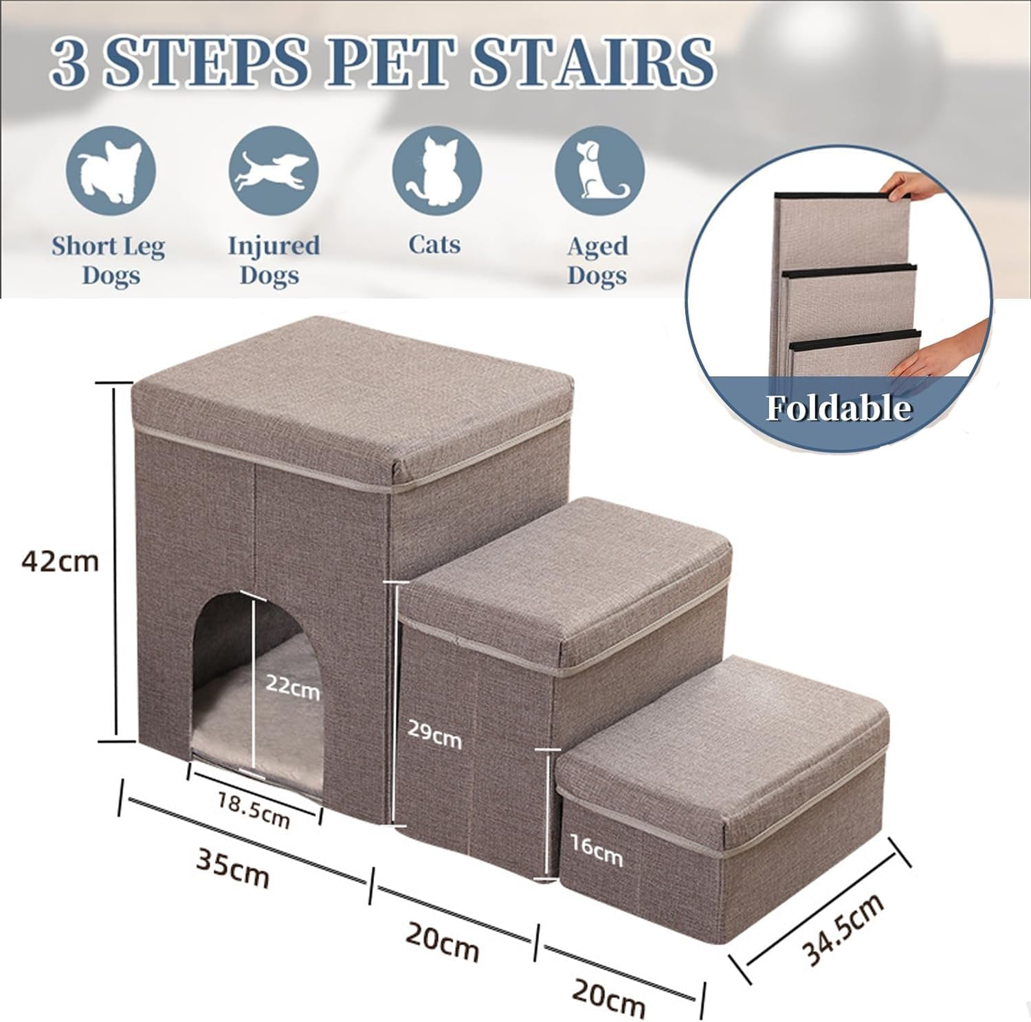 3-Step Storage Pet Stairs for Dogs & Cats | Heavy Duty Dog Stairs/Ramp with Storage House | Detachable & Washable Design | Small Pets | Brown | H:43CM image number 3