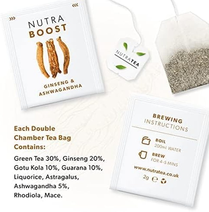 NUTRABOOST - Energy Tea | Herbal Energy Boost Tea - Help with Tiredness and Fatigue - Includes Green Tea, Ginseng & Ashwagandha - 40 Enveloped Tea Bags - by Nutra Tea - Herbal Tea - (2 Pack)