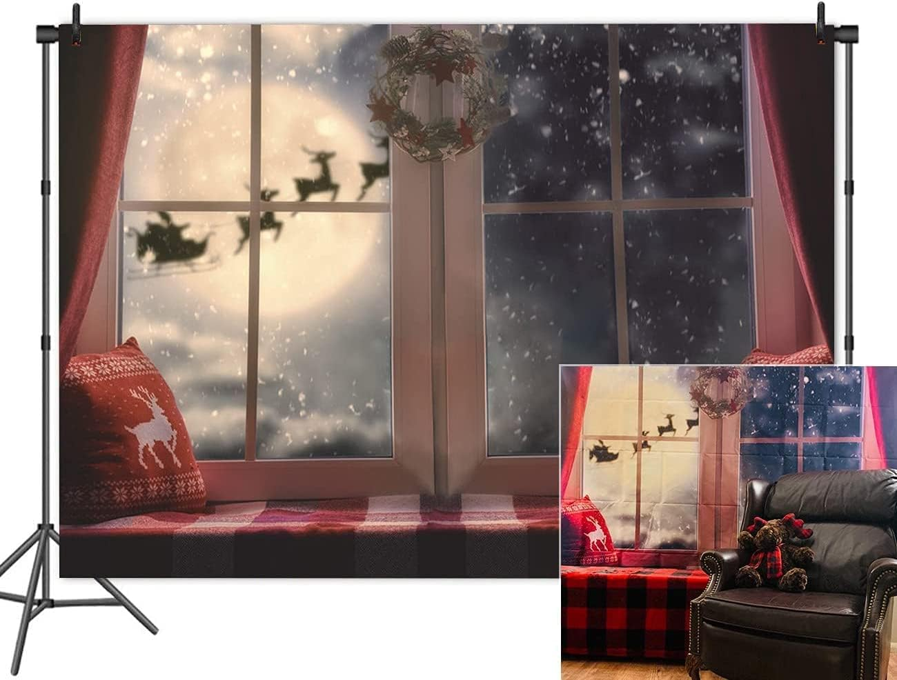 Christmas Photography Backdrops Winter Snowflake Pillow Window Photo Santa Moon Backdrops Xmas Holiday Party Decoration Studio Props Banner Vinyl 7X5Ft image number 4