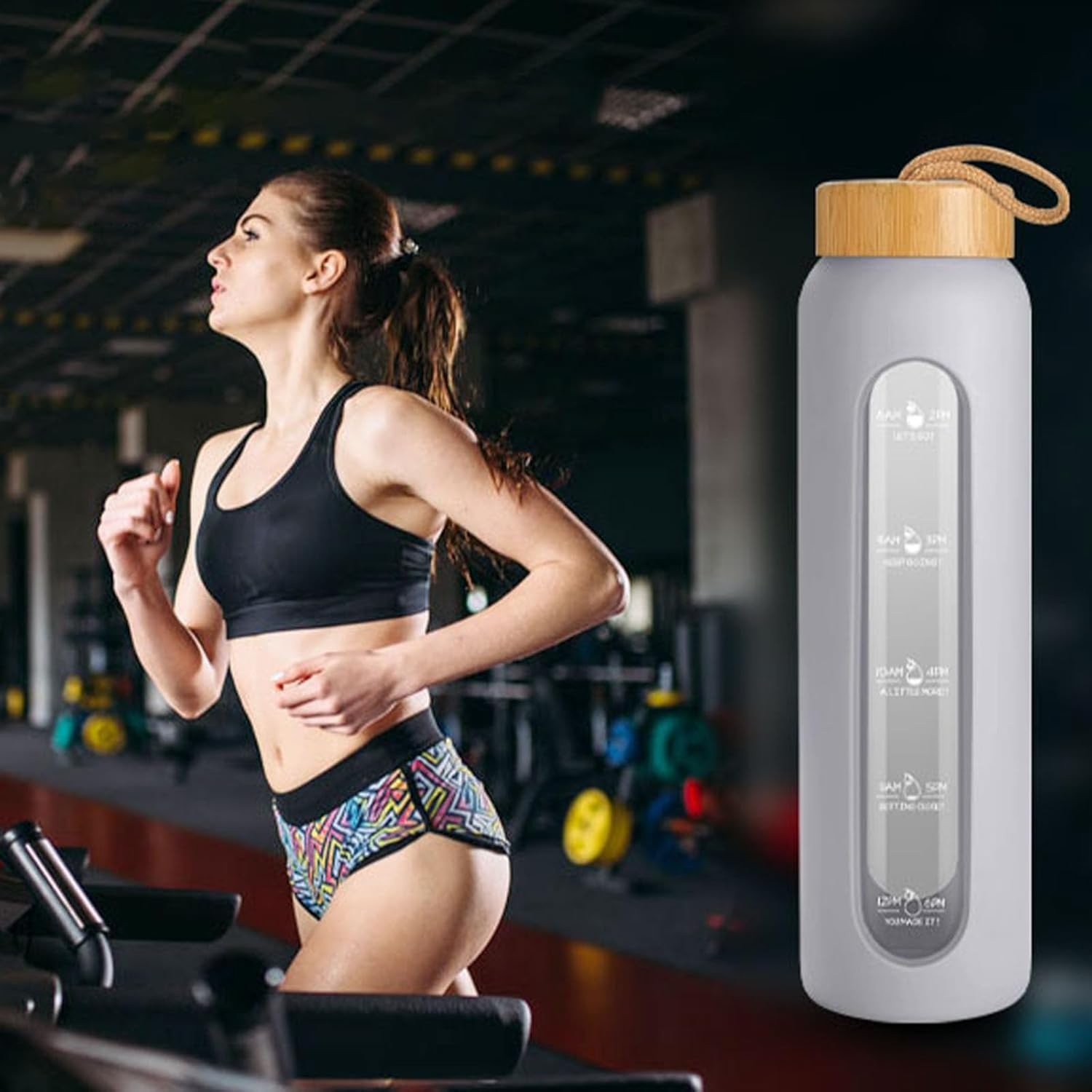 Sursip 32 Oz Glass Water Bottle with Time Marker,1 Liter Bpa-Free Reusable Motivational Water Bottle with Non-Slip Silicone Sleeve and Bamboo Lid, Ice Cube Tray, Leak-Proof, Dishwasher Safe image number 1