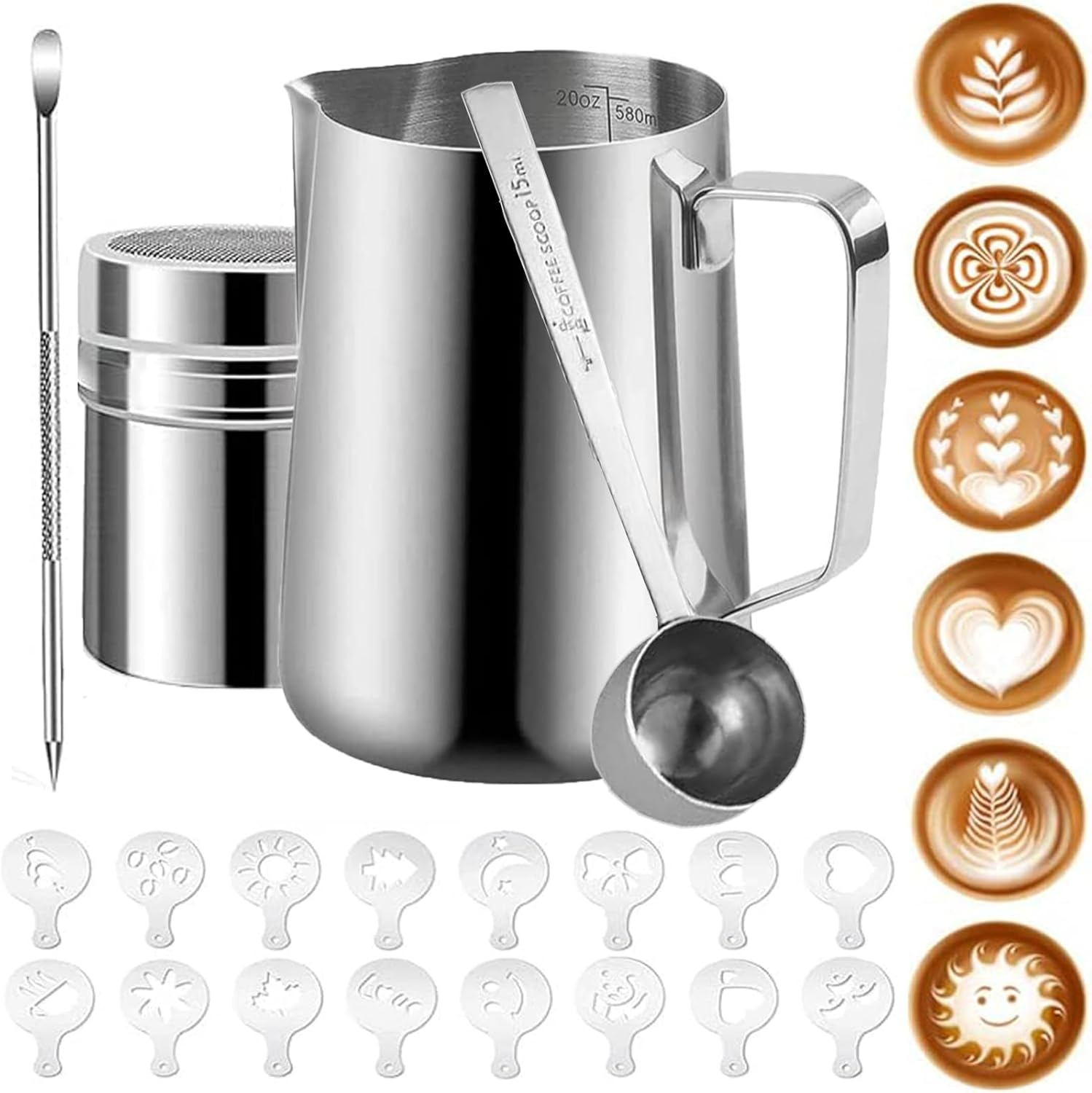 Milk Frothing Pitcher,20Oz/600Ml Milk Frother Cup Set,Stainless Steel Espresso Milk Steaming Pitcher,Stainless Steel Powder Shaker with Lid,16Pieces Coffee Decorating Stencils,Decorating Art Pen image number 4