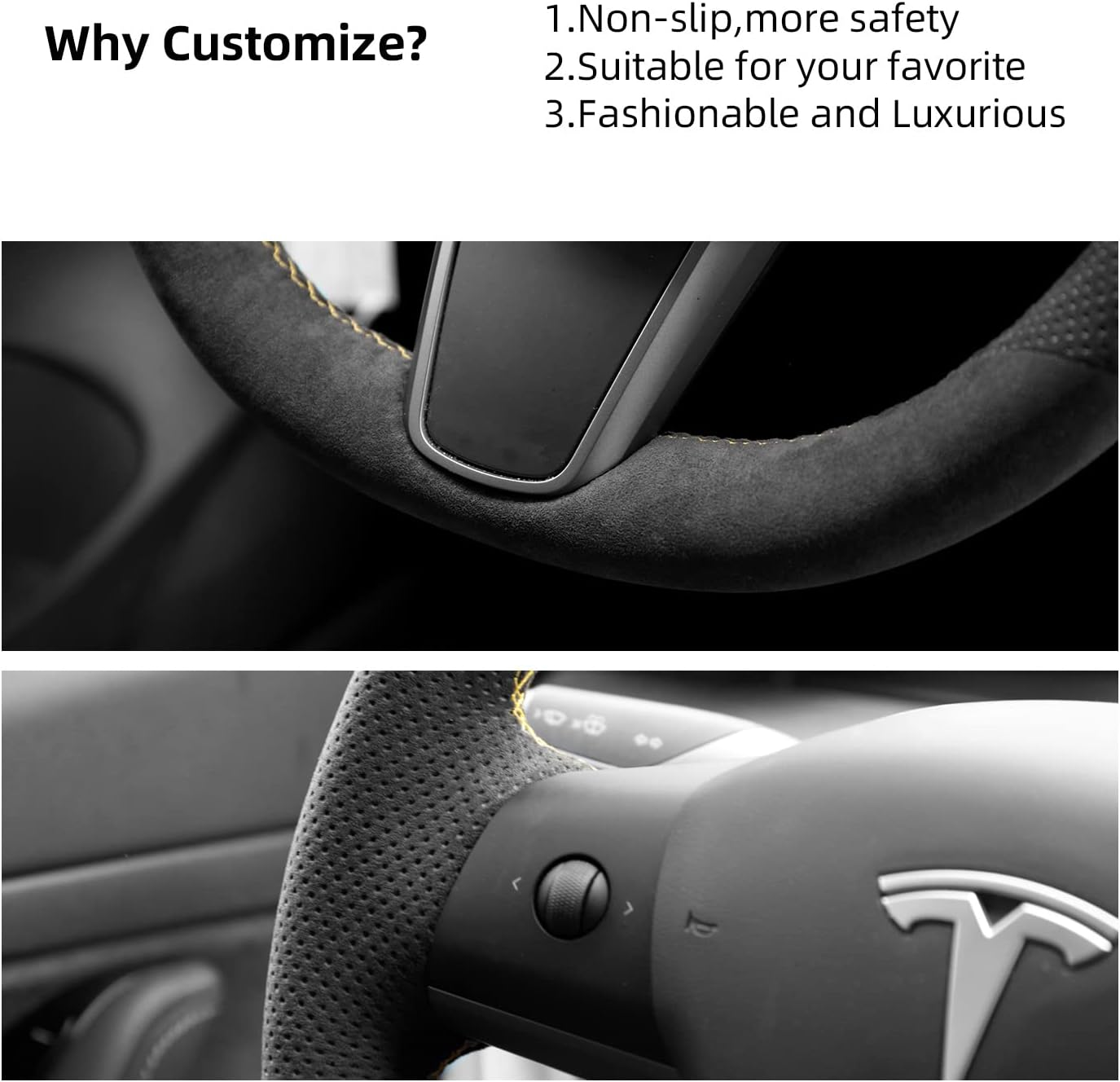 Hand Stitch Sewing Italy Alcantara Car Steering Wheel Cover Wrap for Tesla Model 3/Tesla Model Y (Black Alcantara with Dots+Yellow Stripe) image number 5