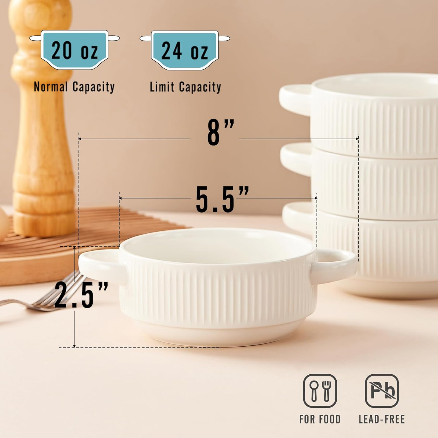 Ceramic Soup Bowls with Handles, 20 Oz French Onion Soup Bowls Set of 4, Stackable Soup Crocks for Soups, Chili, Beef Stew, Microwave and Oven Safe - 5.4Inch, White image number 5
