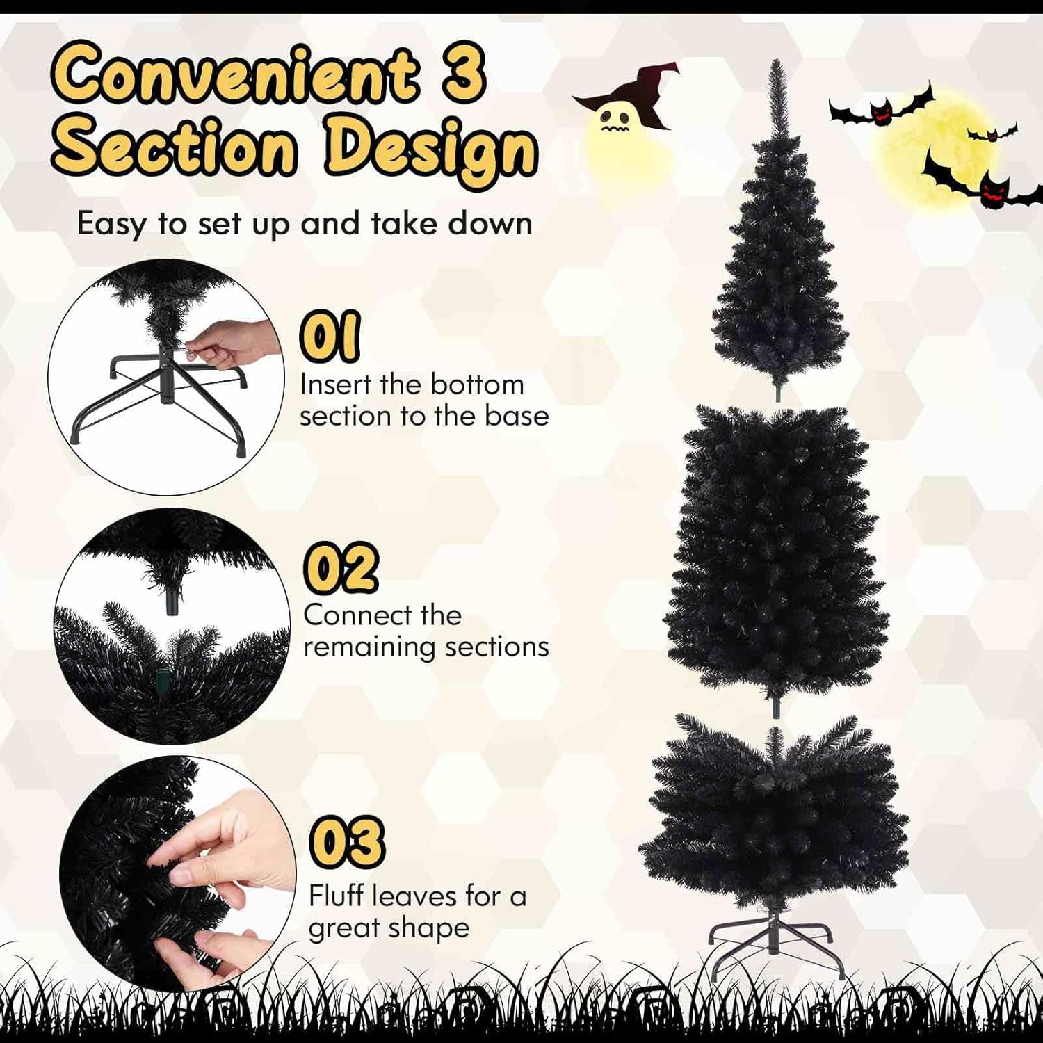 Costway 180 CM Black Artificial Halloween Christmas Tree, Slim Pencil Black Tree W/ 460 Branch Tips, Foldable Metal Stand, Corner Xmas Full Tree Carnival Decoration (180 Cm) image number 6