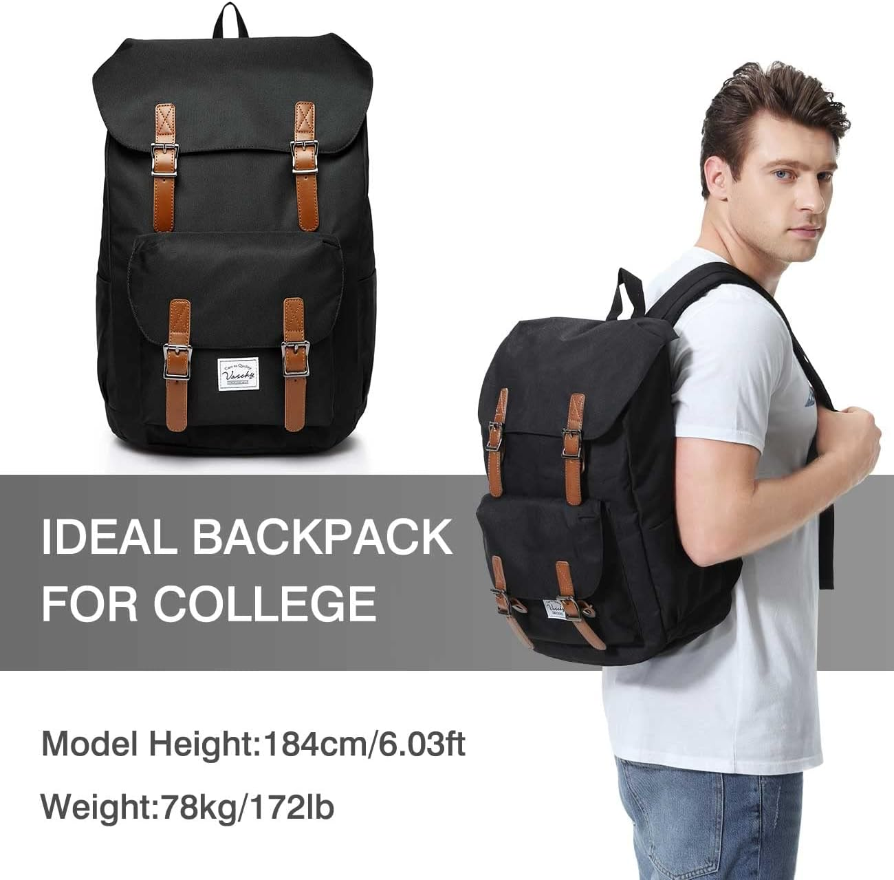 Laptop Backpack for Men Women,Vaschy Vintage Large Casual School Daypack Lightweight Camping Rucksack Travel Backpack Bookbag With15.6In Laptop Sleeve Black image number 1