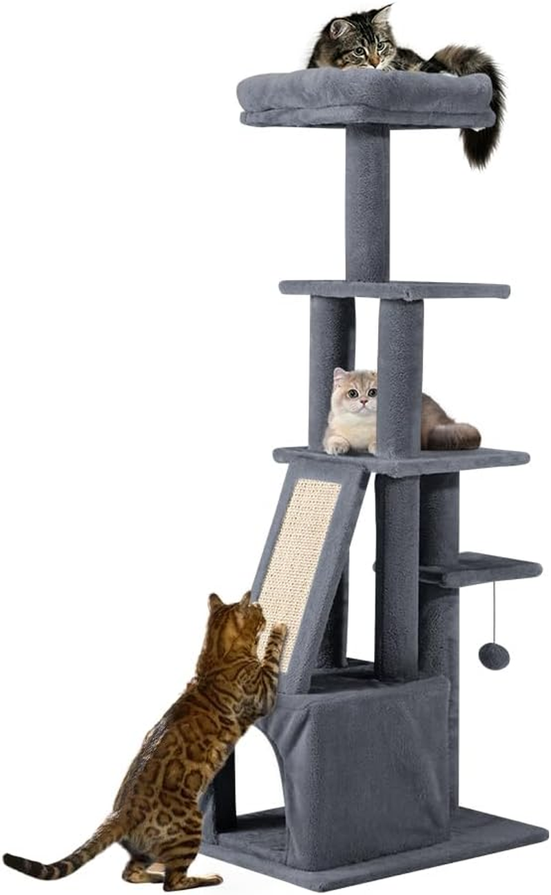 Cat Tower, 125Cm Cat Tree for Indoor Large Cats, Multi-Level Condo with Ladder, Hideaways, Pompoms and Toy, Dark Grey
